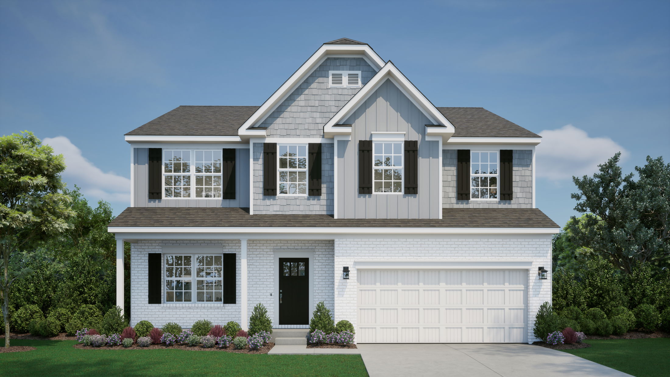A modern two-story suburban house with a gray and white exterior, black shutters, and a landscaped front yard.