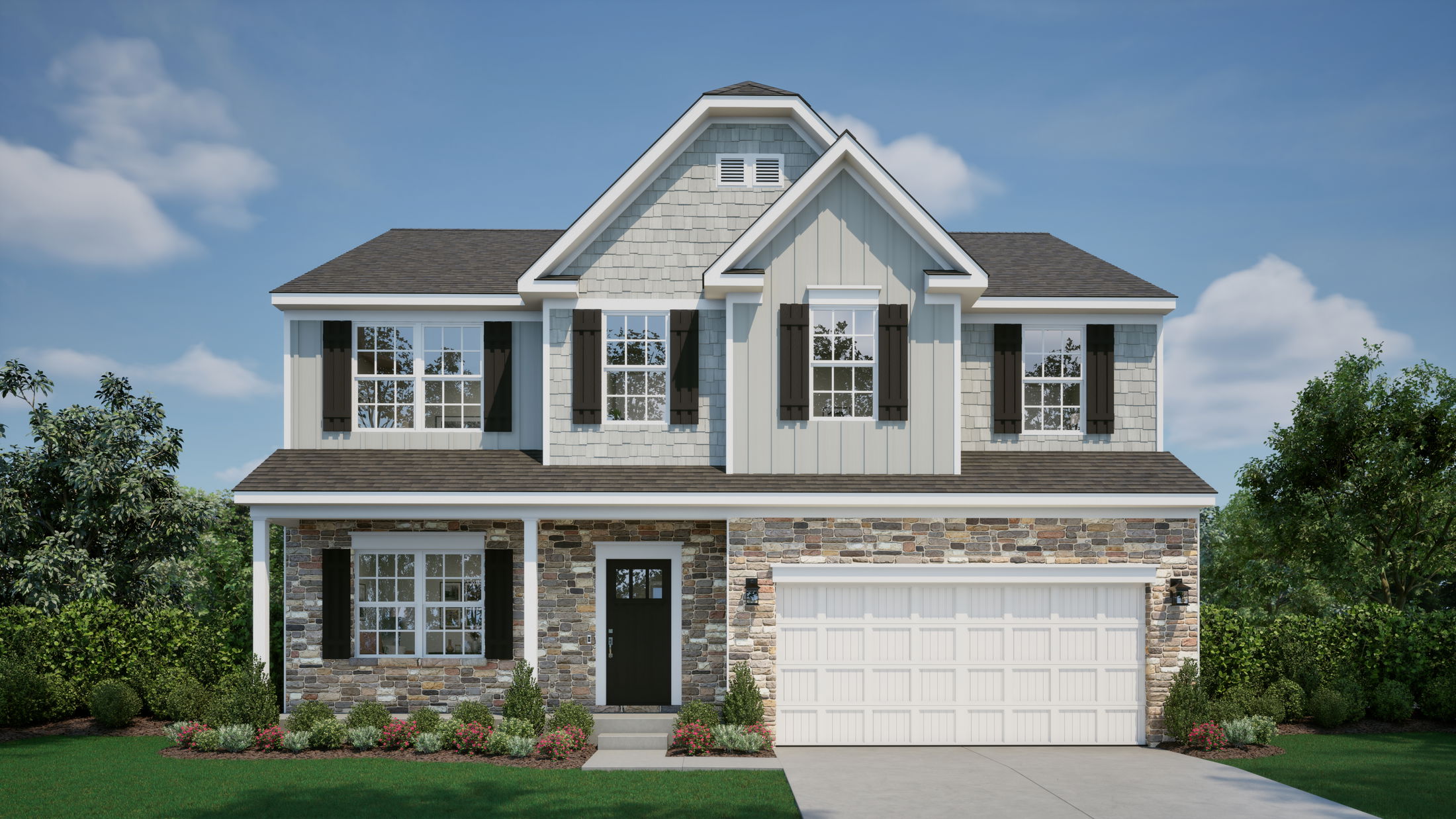 Front view of a modern two-story house with a stone facade, black shutters, and a double garage, surrounded by greenery and a blue sky.
