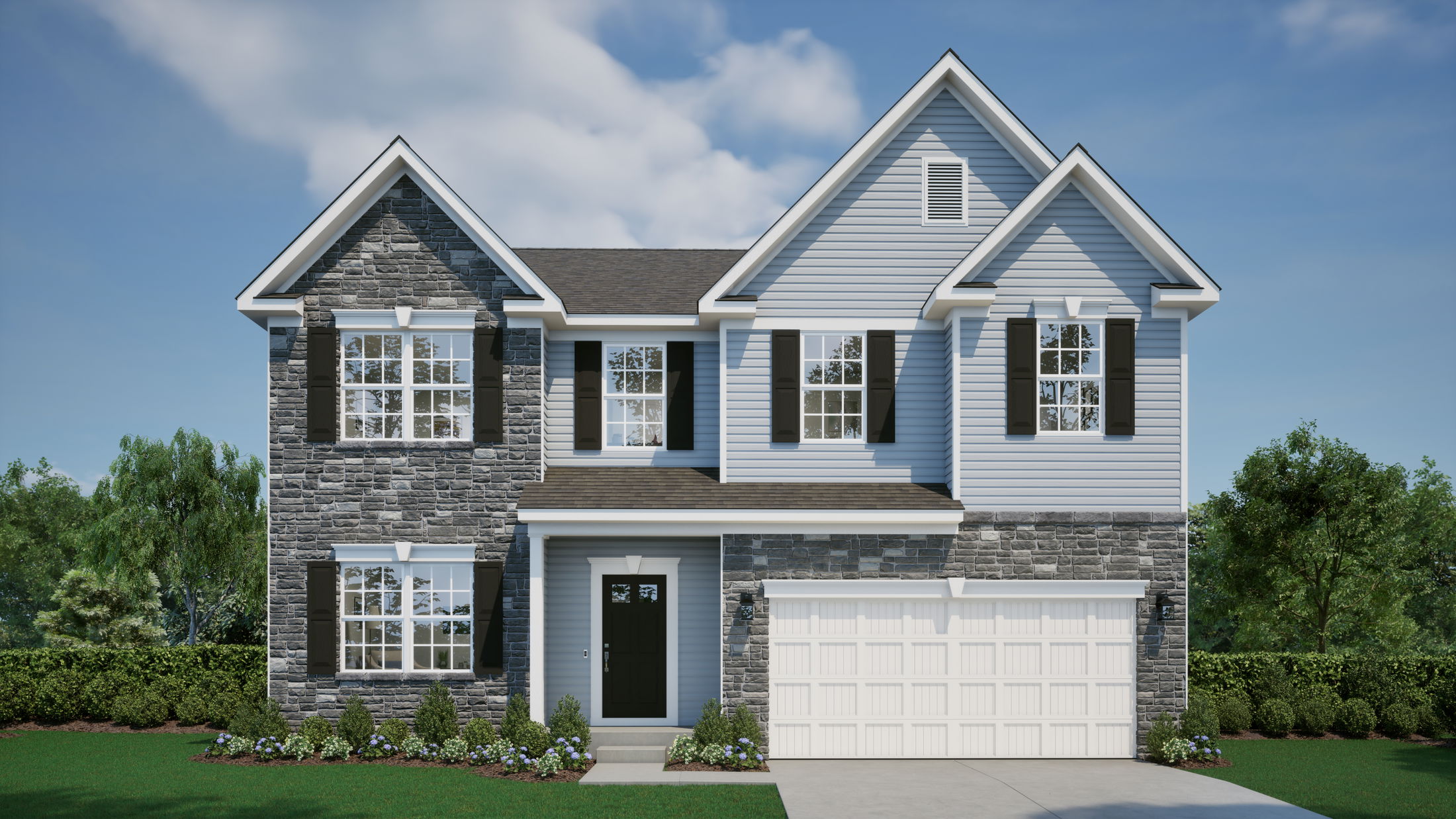 Modern two-story suburban home with stone and siding facade, featuring a black front door, double garage, and well-maintained landscaping.