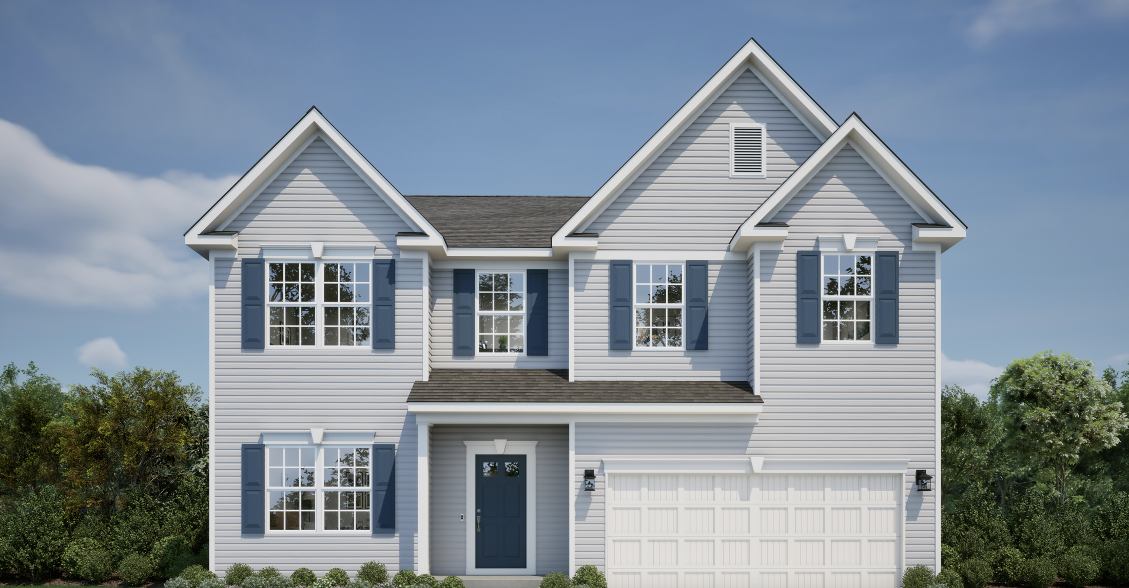 Two-story suburban house with grey siding and blue shutters, featuring a gable roof and a double garage.