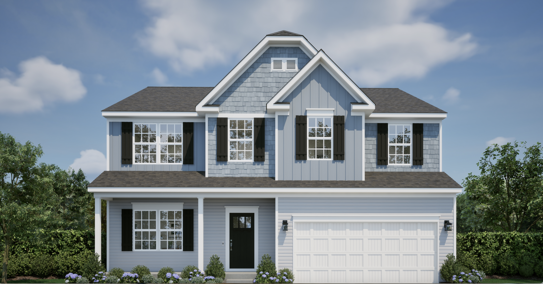 Two-story suburban house with blue siding and a double garage, surrounded by greenery under a clear blue sky.