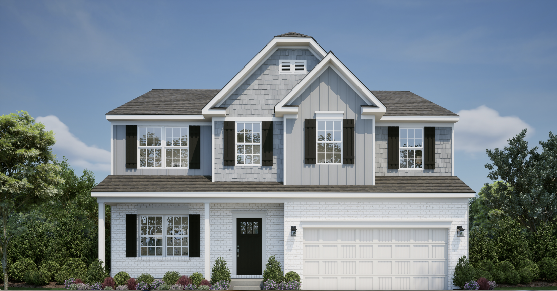 Modern two-story home with light gray siding, dark shutters, and a spacious two-car garage.