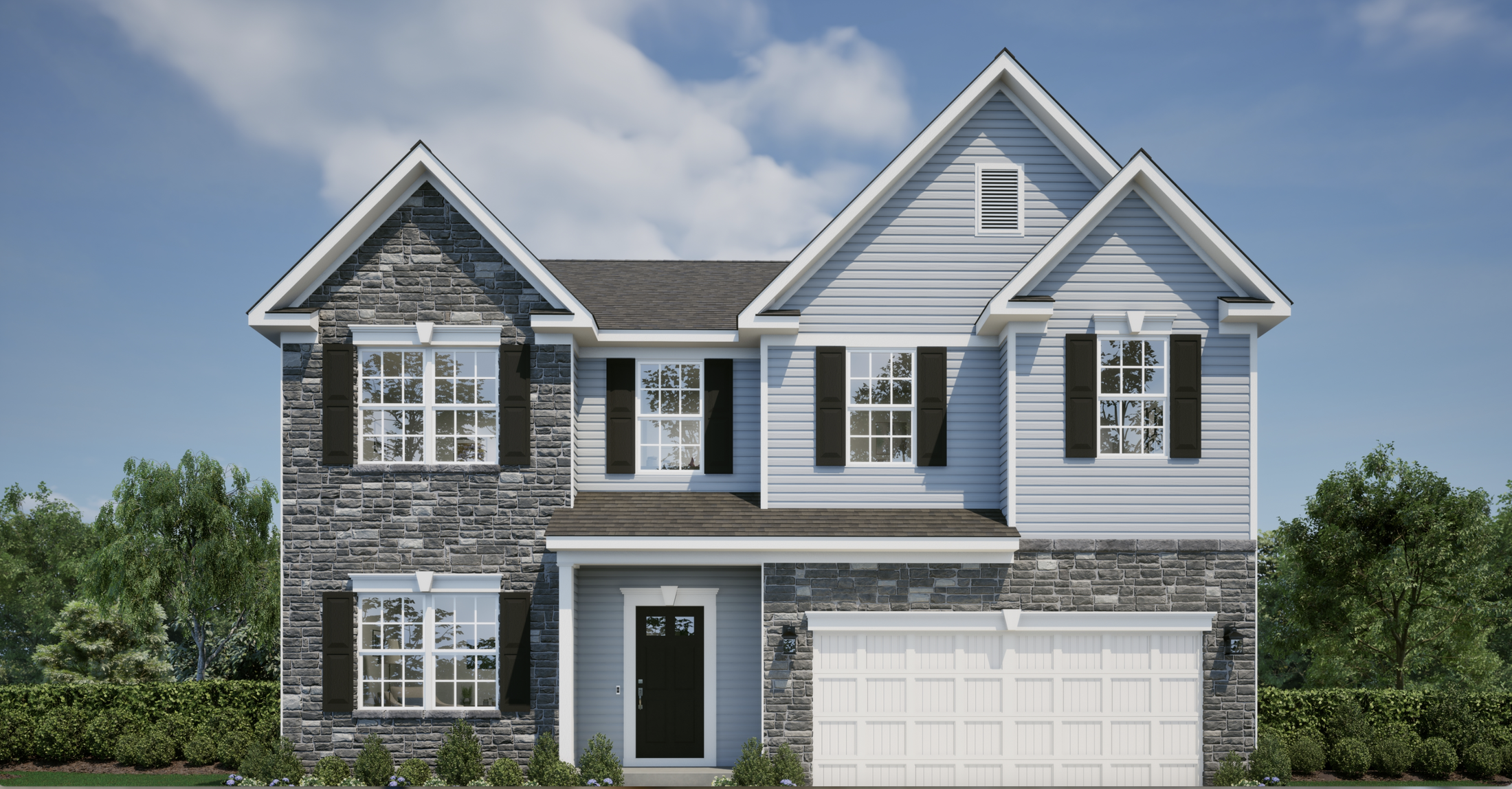 Image of a modern two-story house with stone and siding facade, featuring black shutters and a spacious front yard.