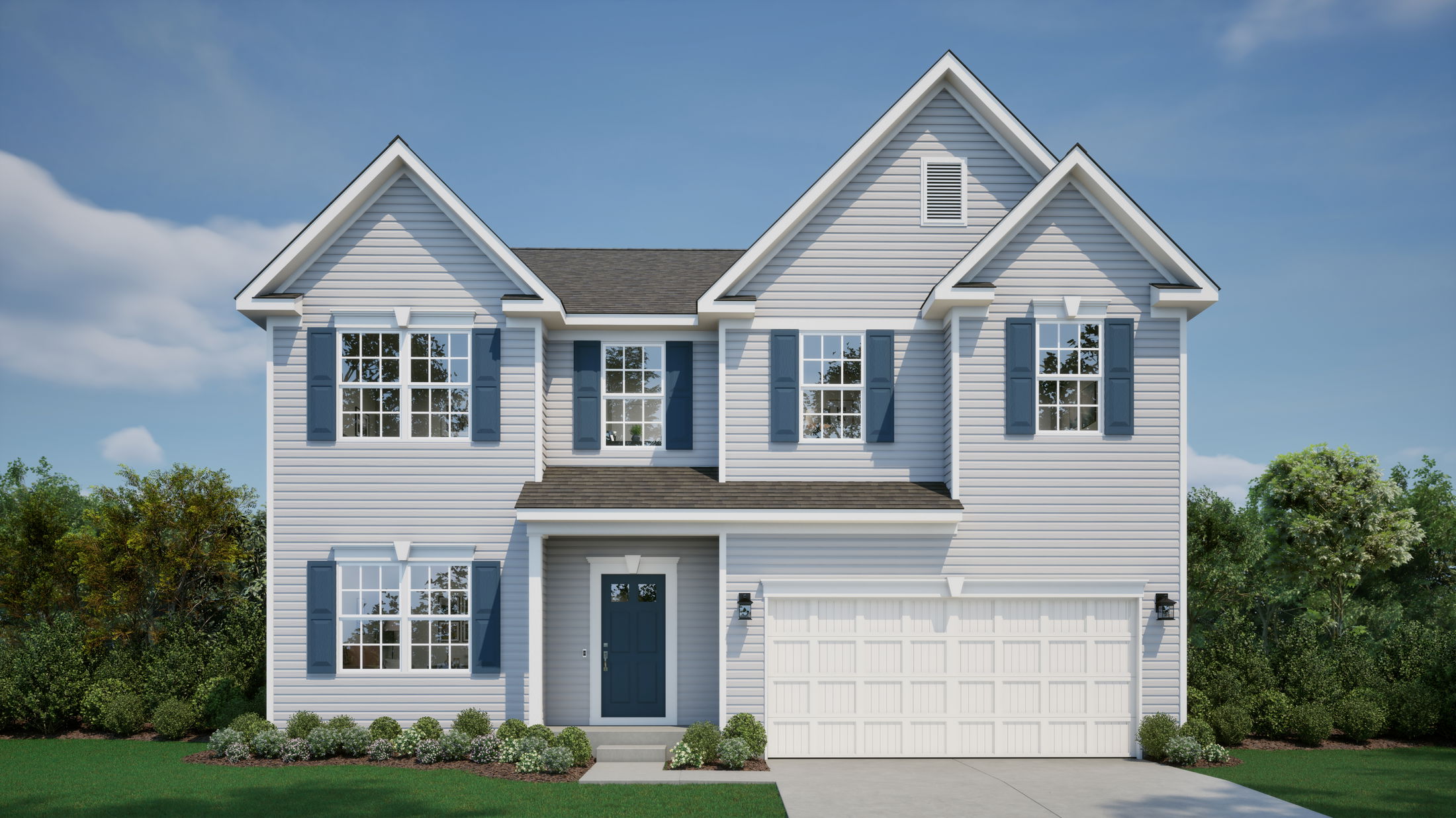 A two-story suburban house with blue shutters, white siding, and a two-car garage, set against a clear blue sky.