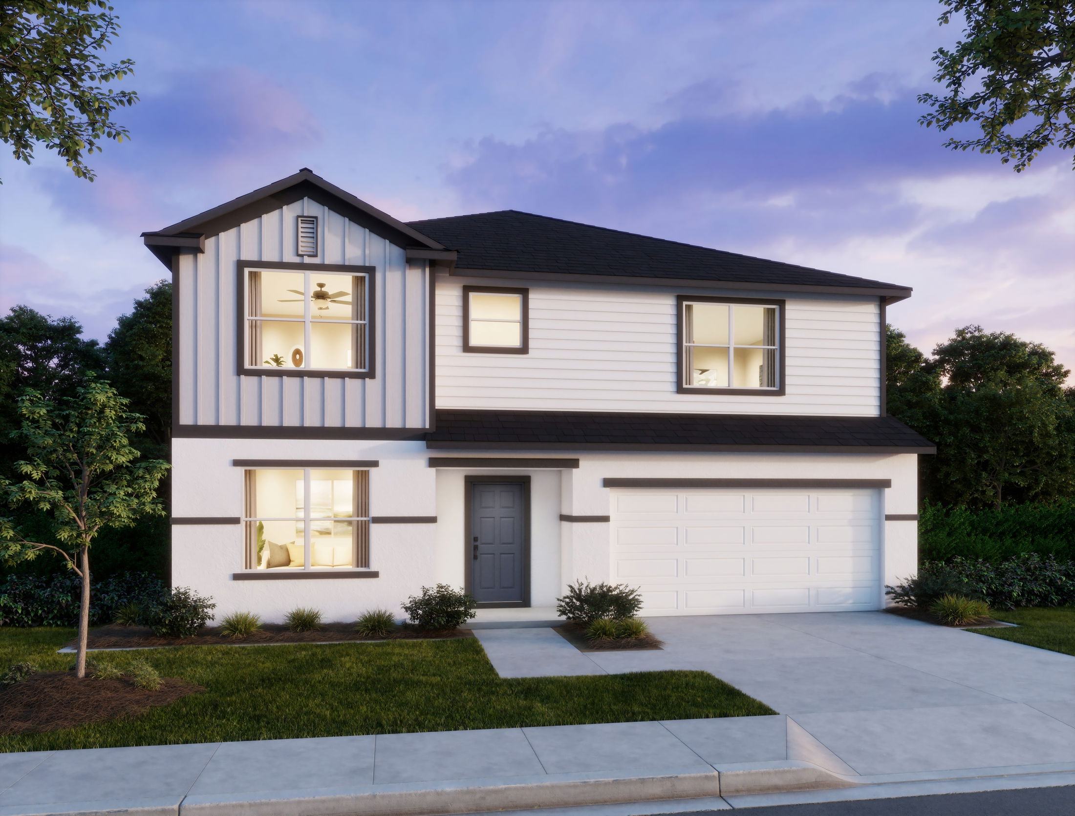 Modern two-story house with a white exterior, dark trim, and attached garage, surrounded by landscaped greenery under a twilight sky.