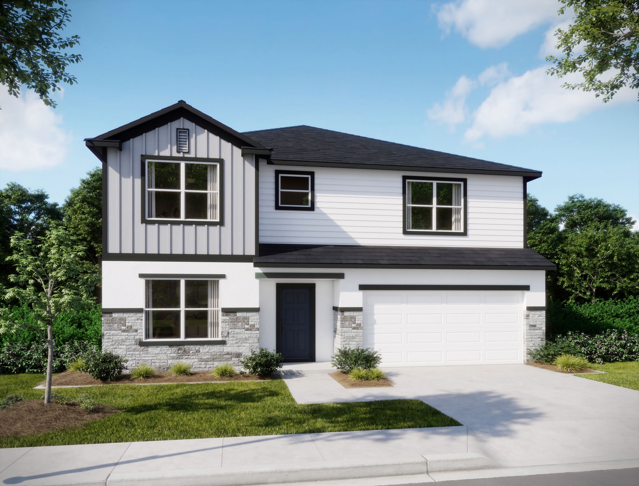 Modern two-story suburban house with a white exterior, black roof, and double garage, set against a clear blue sky and surrounded by greenery.