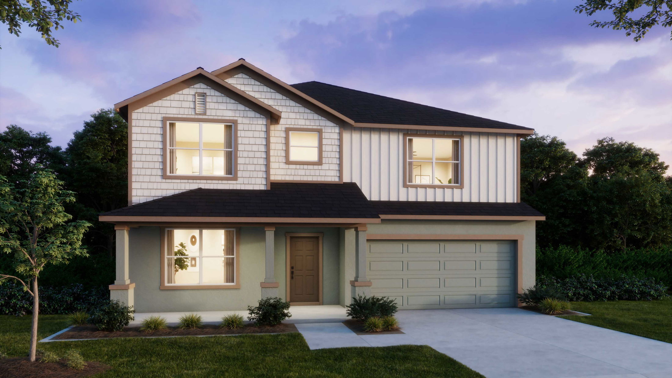 Modern two-story house with a well-lit facade, large windows, and an attached garage set against a twilight sky.