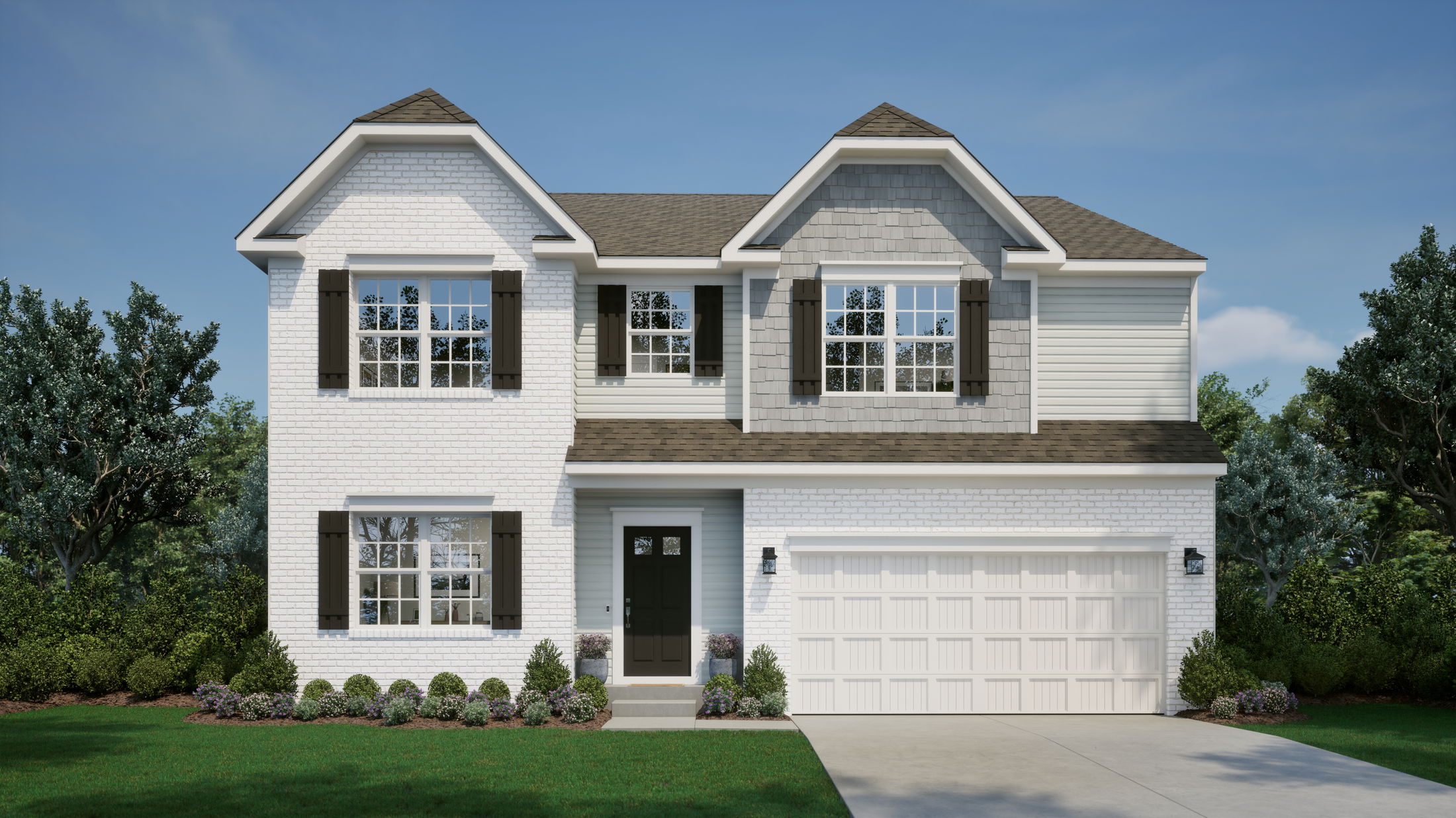 Modern two-story white brick home with manicured lawn and attached garage.