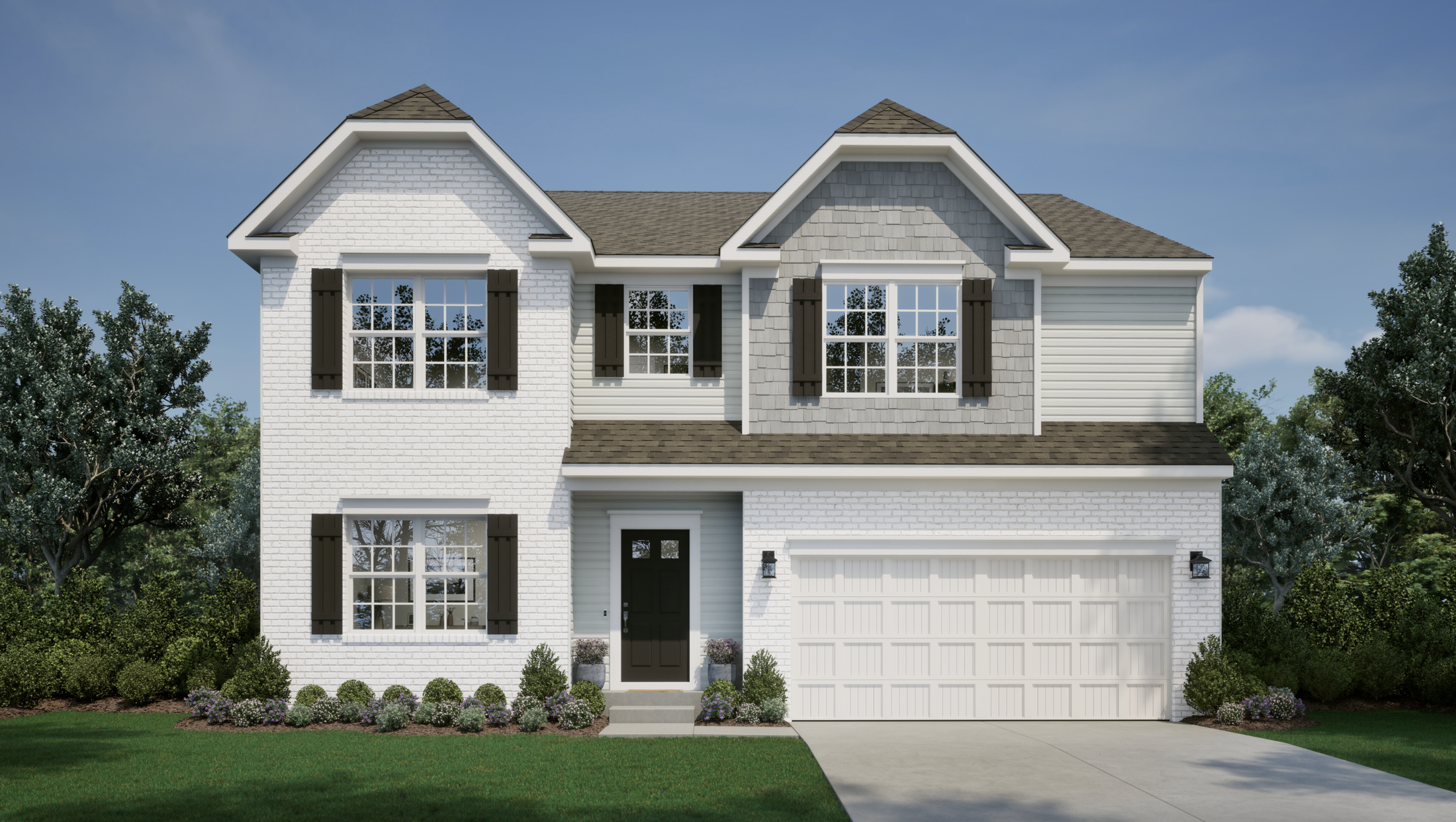 Two-story modern house with white brick facade, black window shutters, and a well-manicured lawn.
