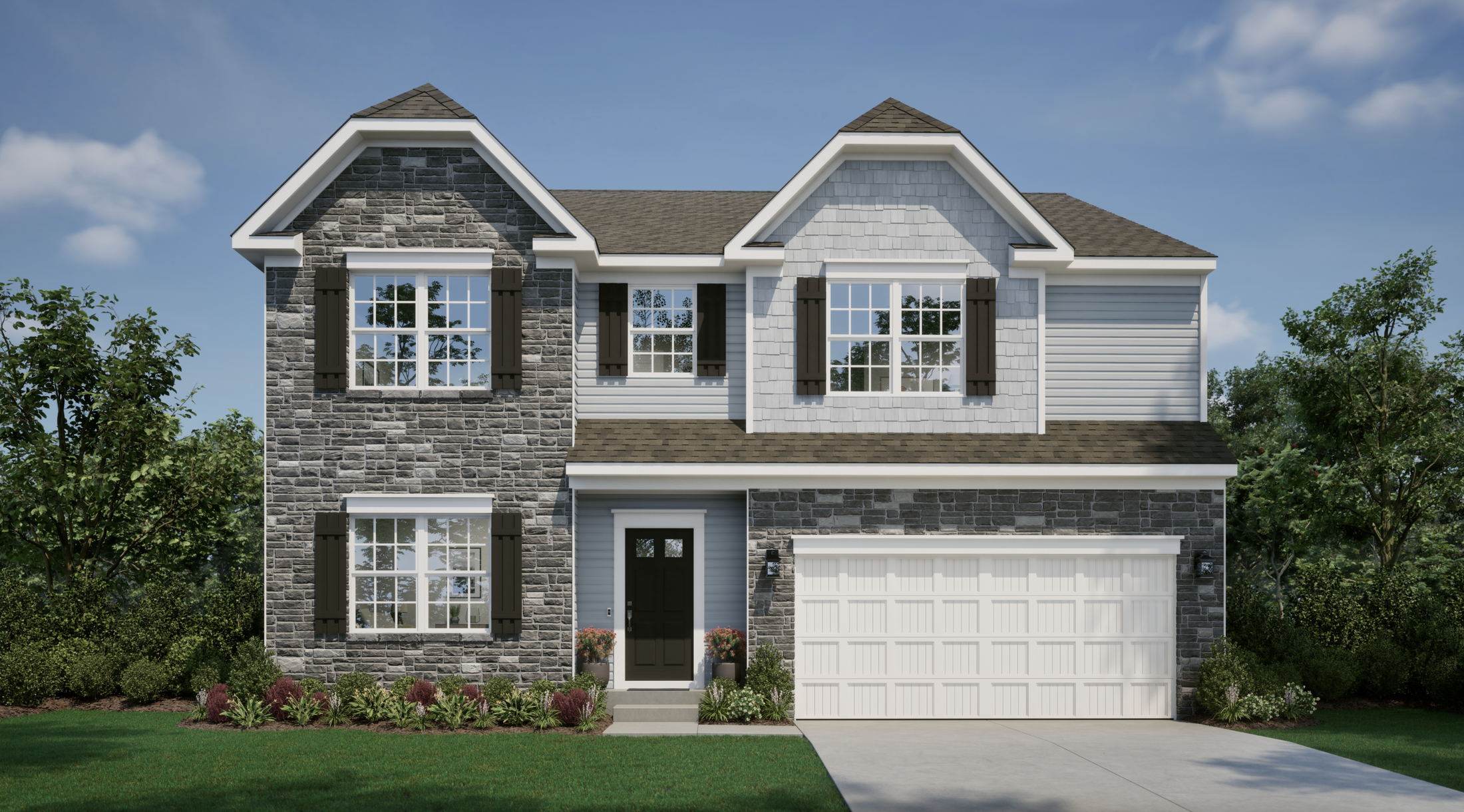 Modern two-story house with stone facade, white siding, and a two-car garage, surrounded by lush landscaping.