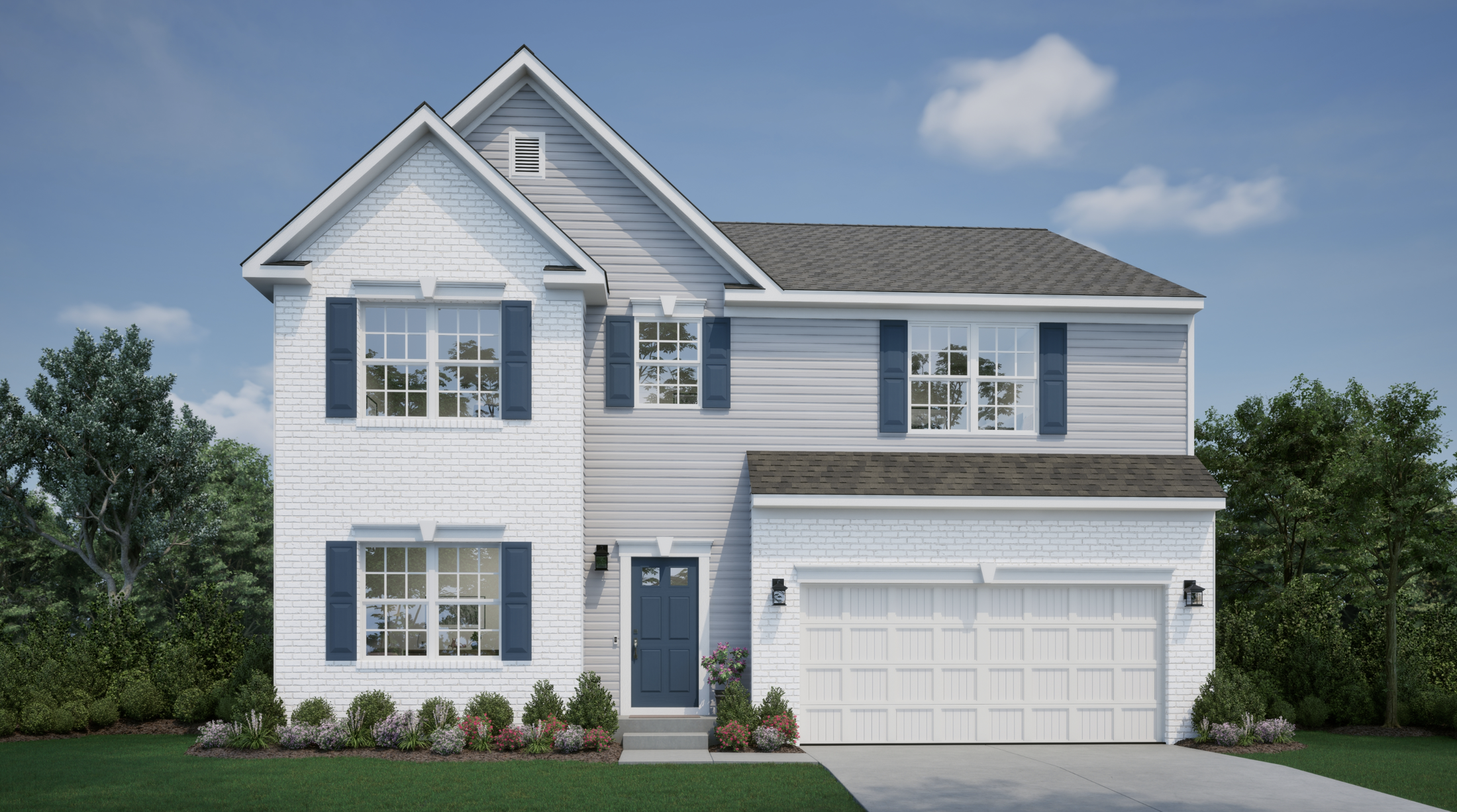 Two-story house with white brick and siding, blue shutters, and a landscaped front yard under a clear blue sky.
