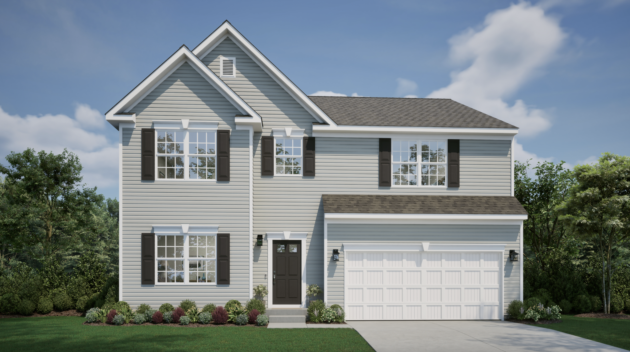 Modern two-story gray house with black shutters, a double garage, and a landscaped front yard under a blue sky.