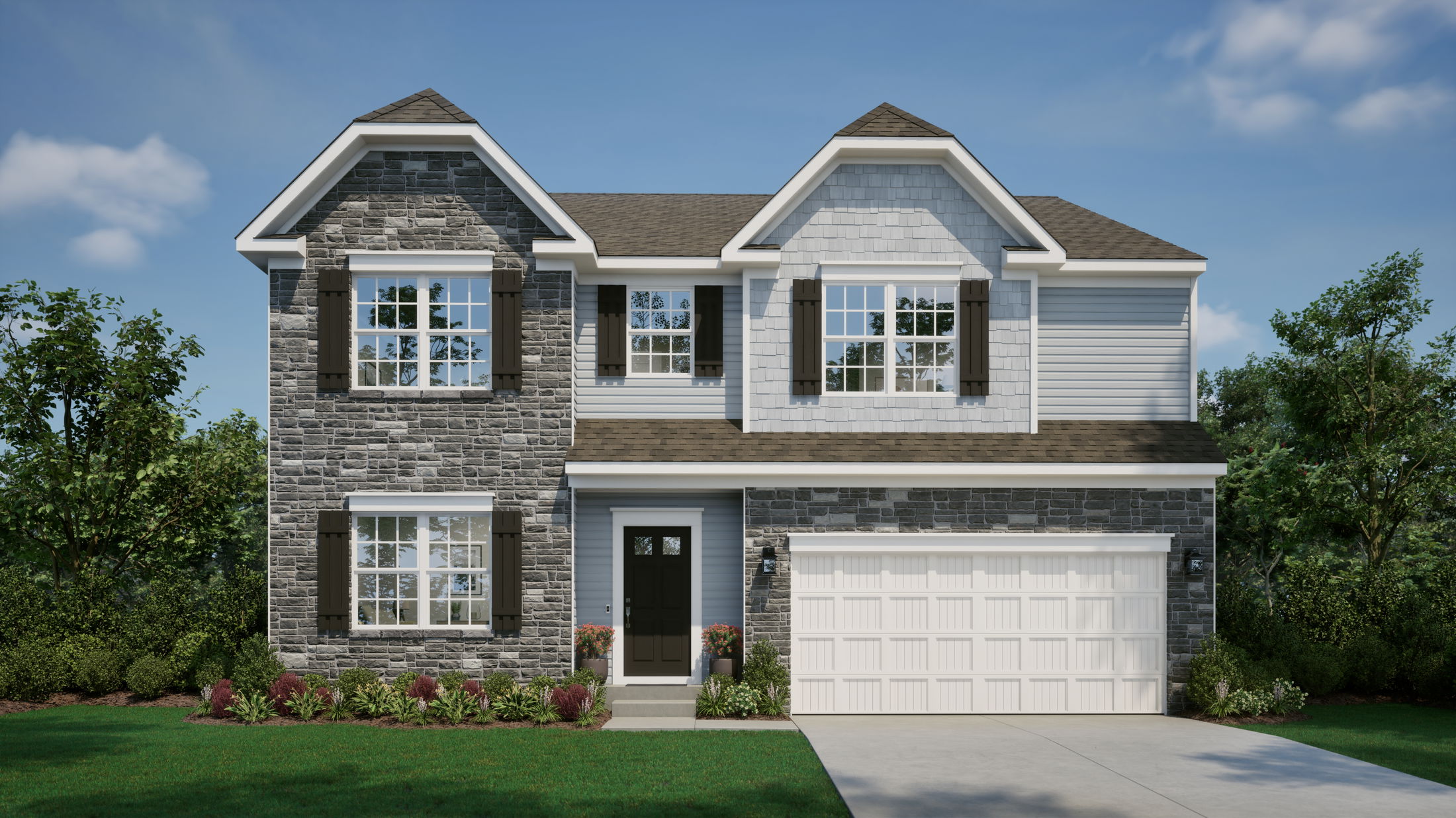 dark gray stone and gray siding exterior of the carlisle home design in hunters preserve