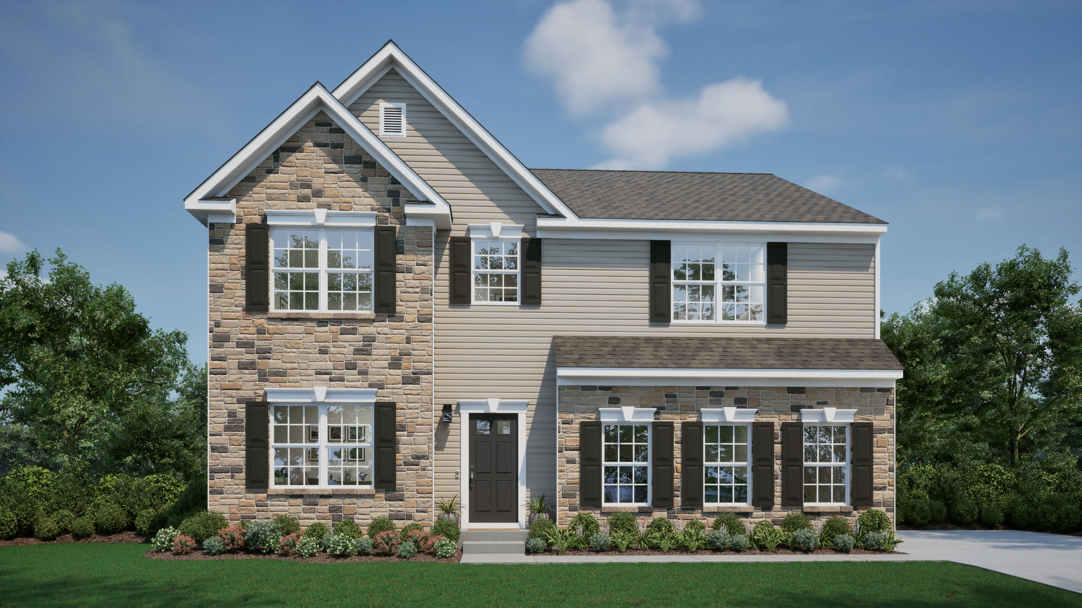 brown brick and tan siding exterior of the carlisle home design in hunters preserve