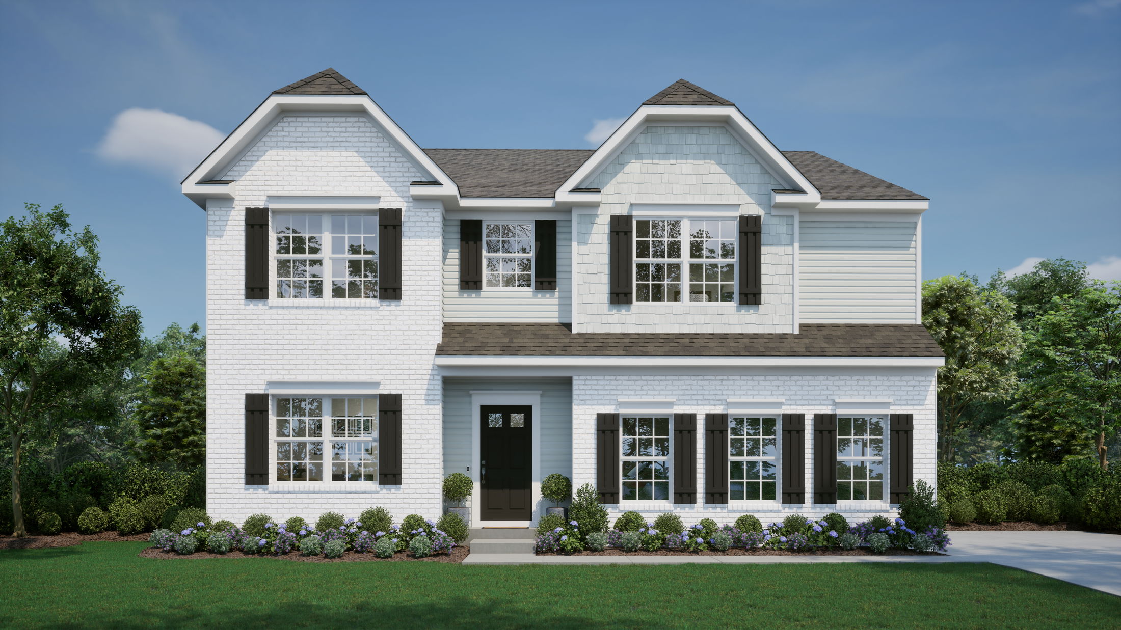 Modern two-story white brick house with dark shutters and well-maintained landscaping under a clear blue sky.