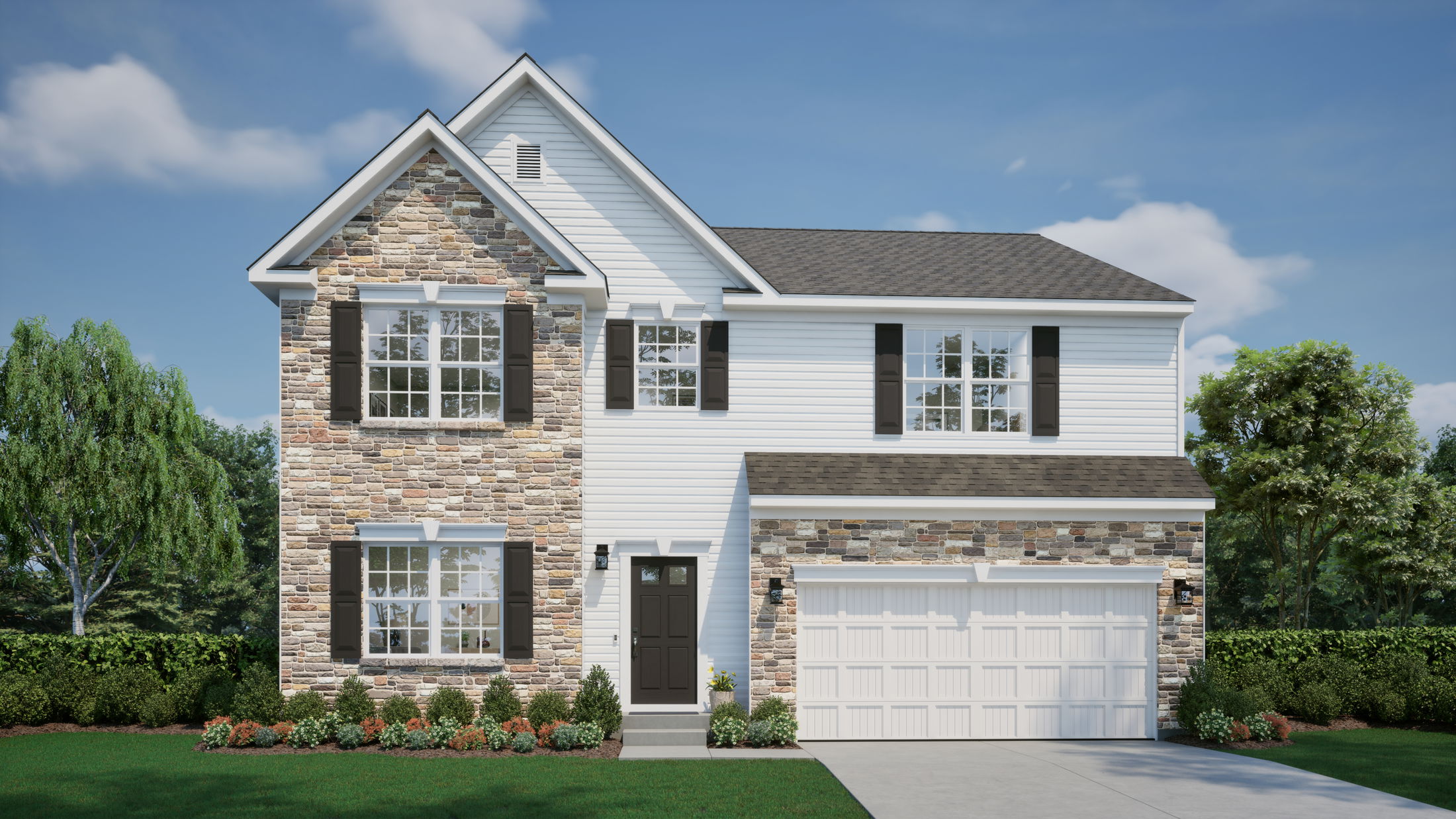 Modern two-story house with stone and siding facade, black shutters, and a two-car garage, surrounded by landscaped greenery.