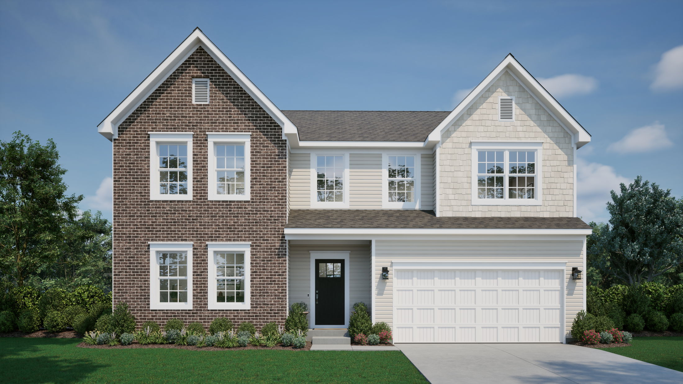 A modern suburban two-story house with a mixed brick and siding exterior, featuring a double garage and a well-maintained front yard.