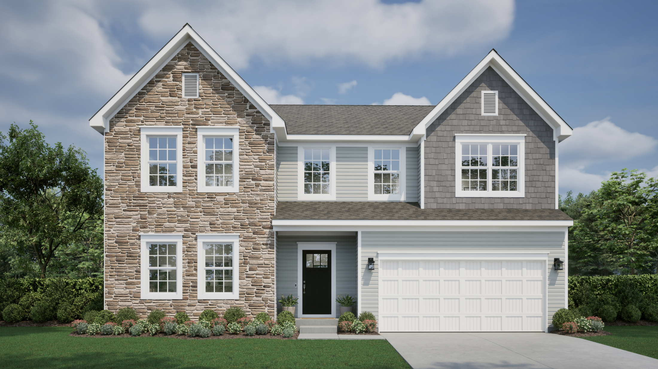 Two-story modern house with stone and siding facade, black front door, and attached white garage, surrounded by landscaped greenery under a blue sky.