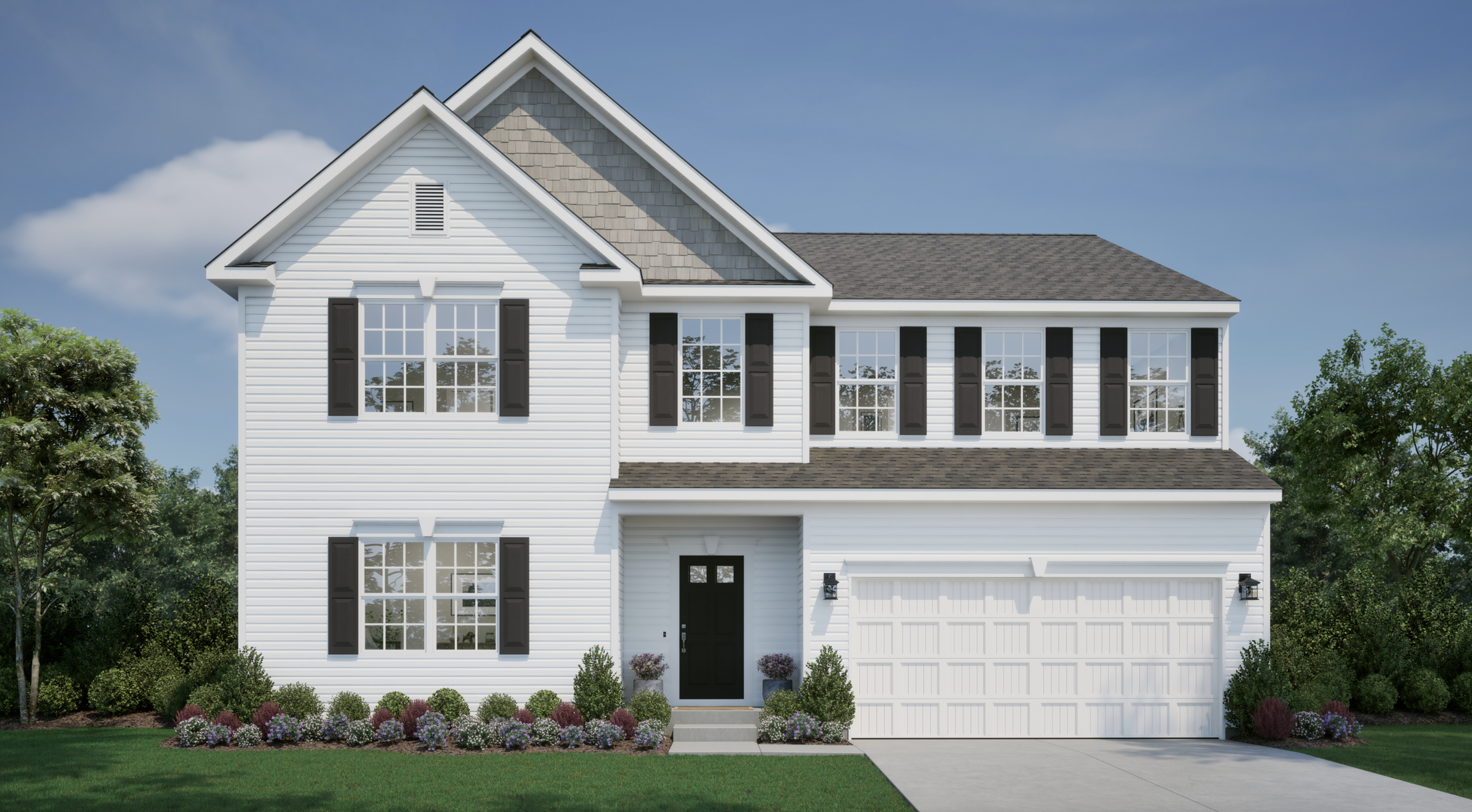 Two-story white suburban house with dark shutters, a double garage, and manicured landscaping.