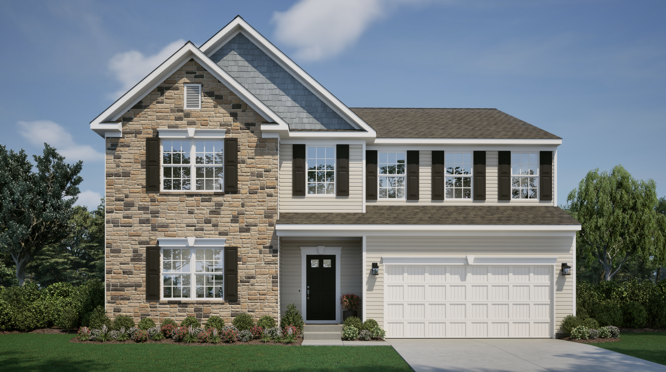 Elegant two-story suburban home with stone facade, black shutters, and a spacious two-car garage.