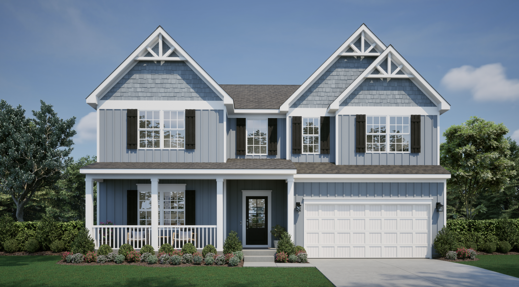 A modern two-story suburban house with blue siding, white trim, black shutters, and a front porch surrounded by landscaped greenery.