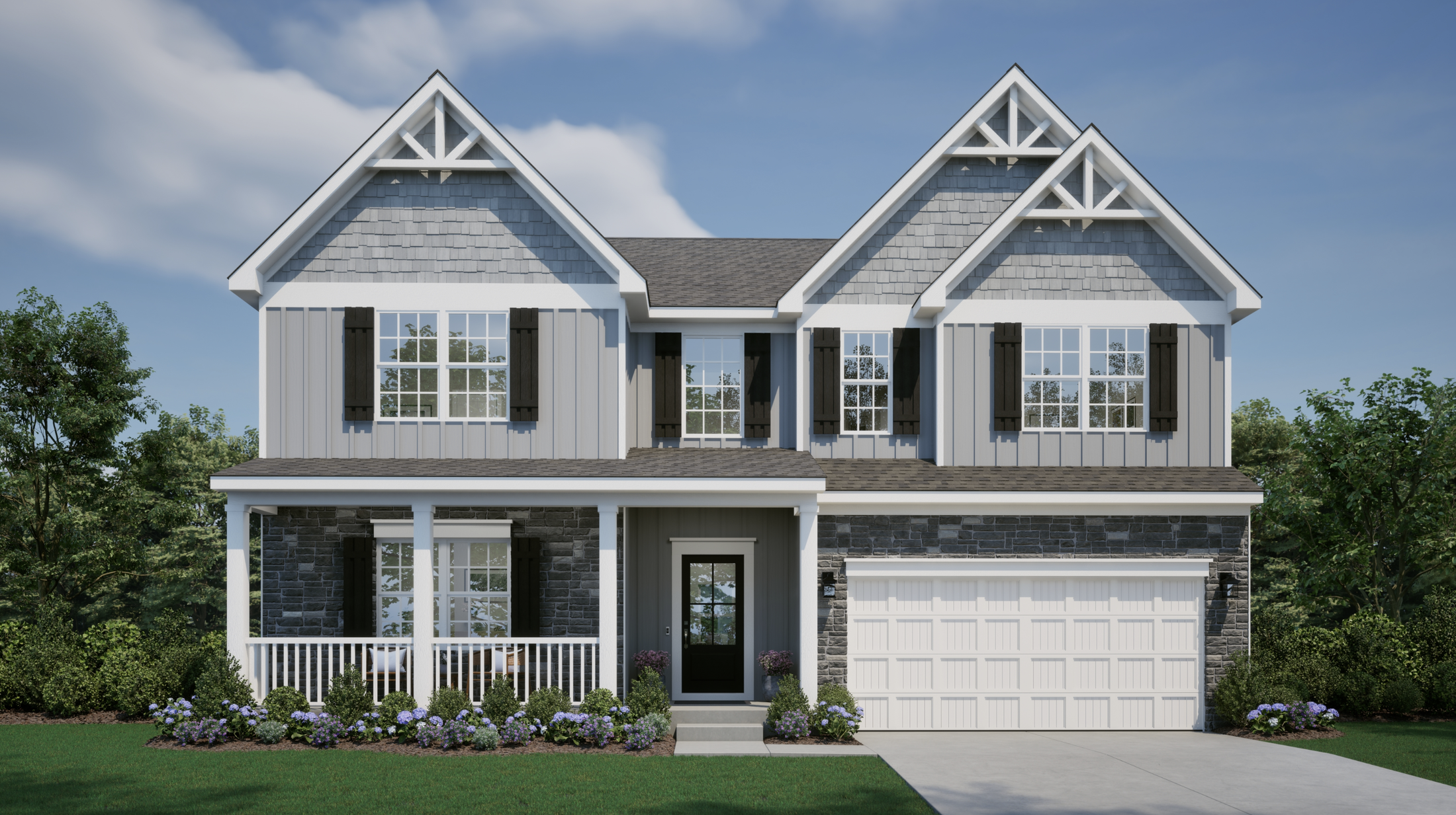 Modern two-story suburban house with gabled roof, white siding, grey stone accents, and landscaped front yard.