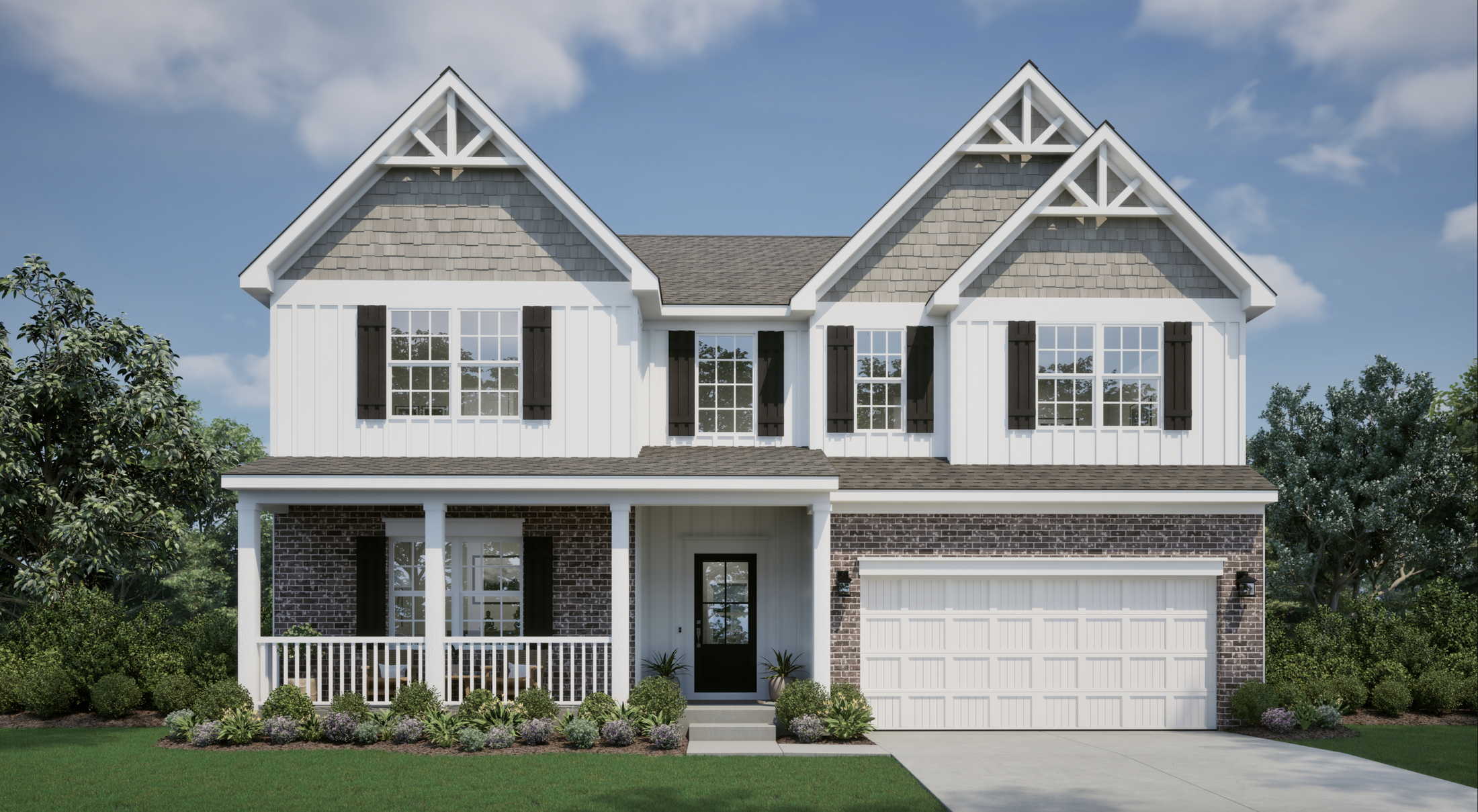 A beautiful two-story suburban home with a brick and white exterior, a covered front porch, and a landscaped yard.
