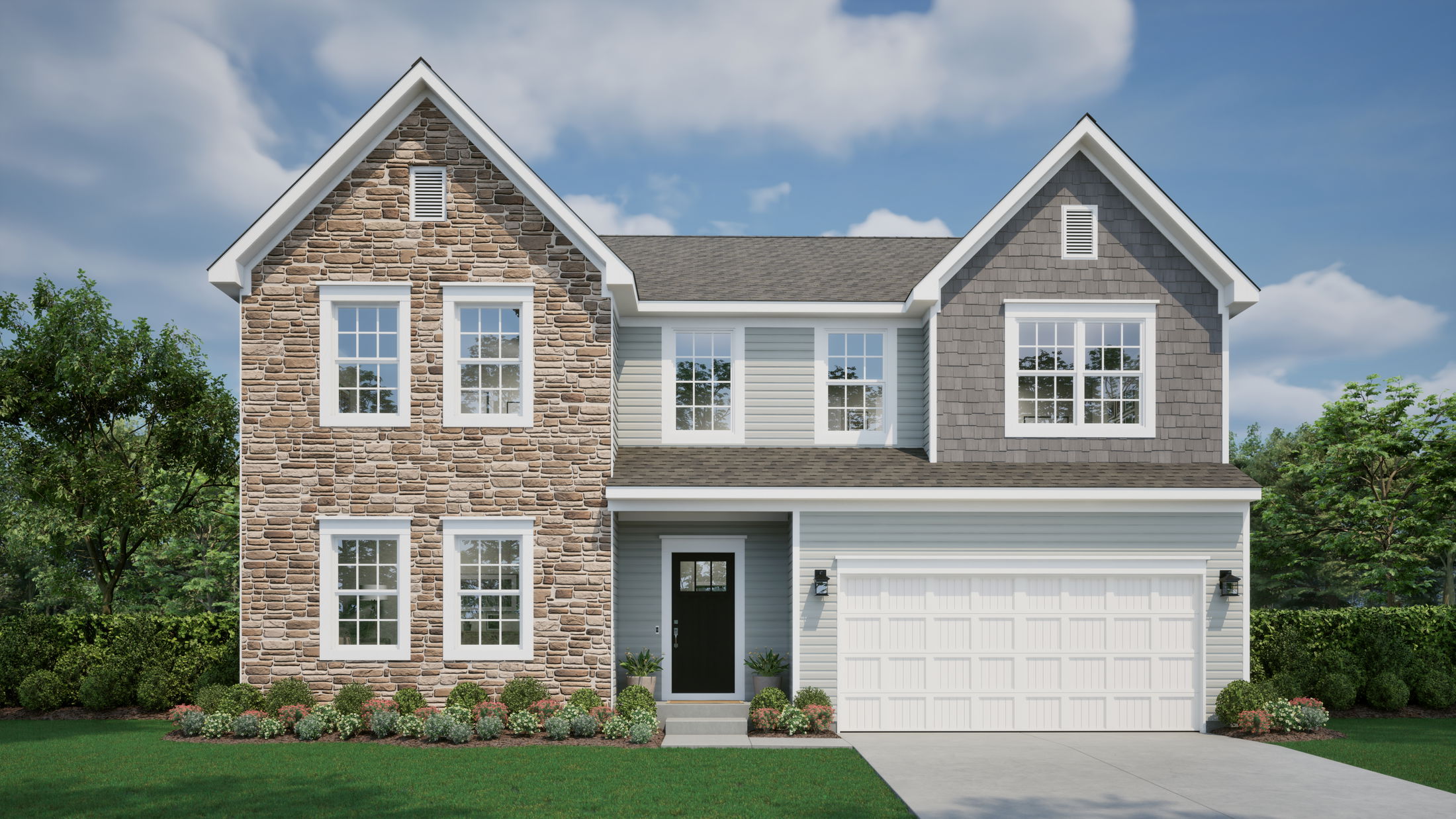 Front view of a modern two-story suburban home with a stone facade, gray siding, and a double garage, surrounded by a landscaped lawn and trees.