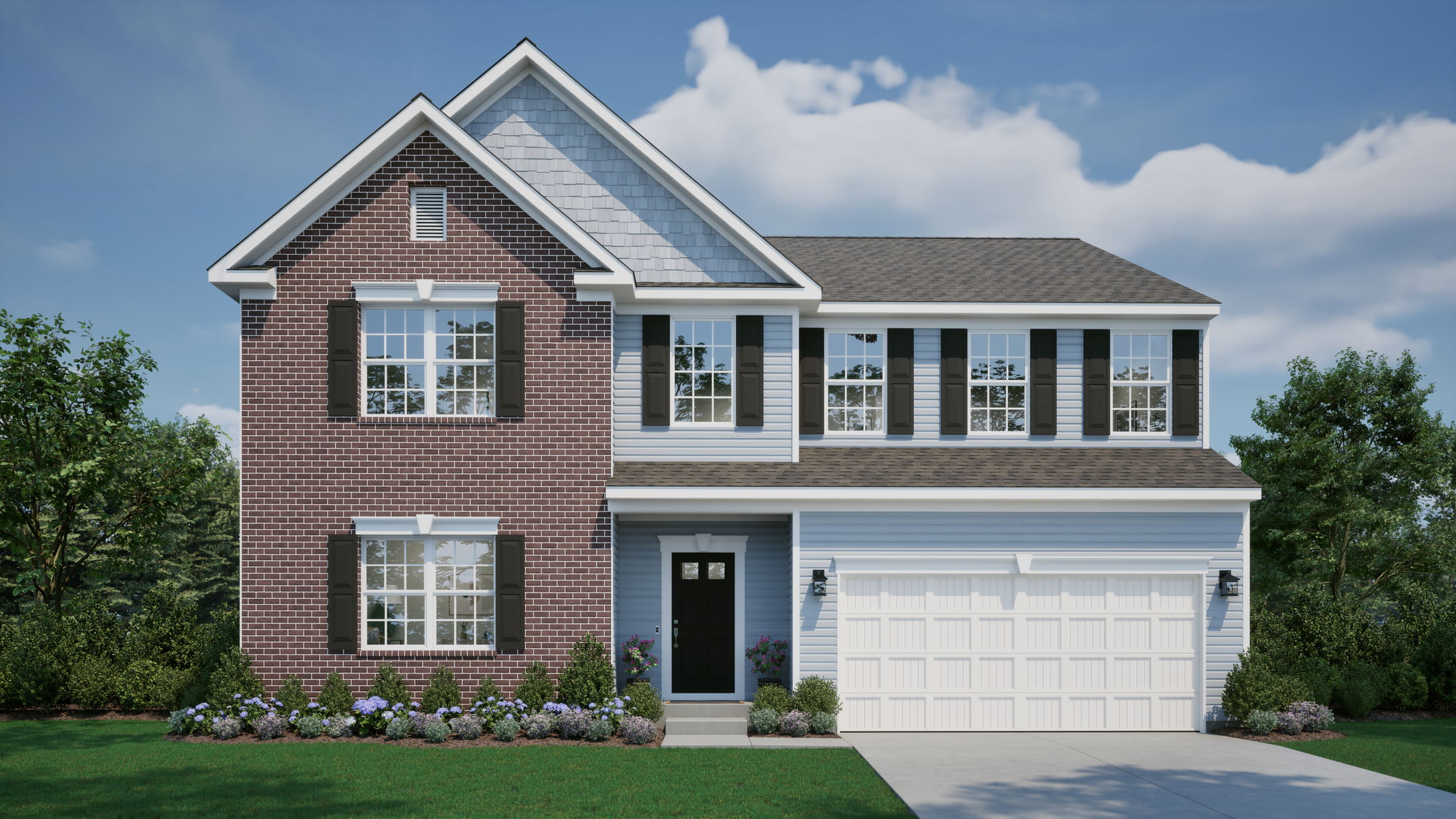 Two-story suburban home with brick and siding exterior, black shutters, and a well-maintained front yard.