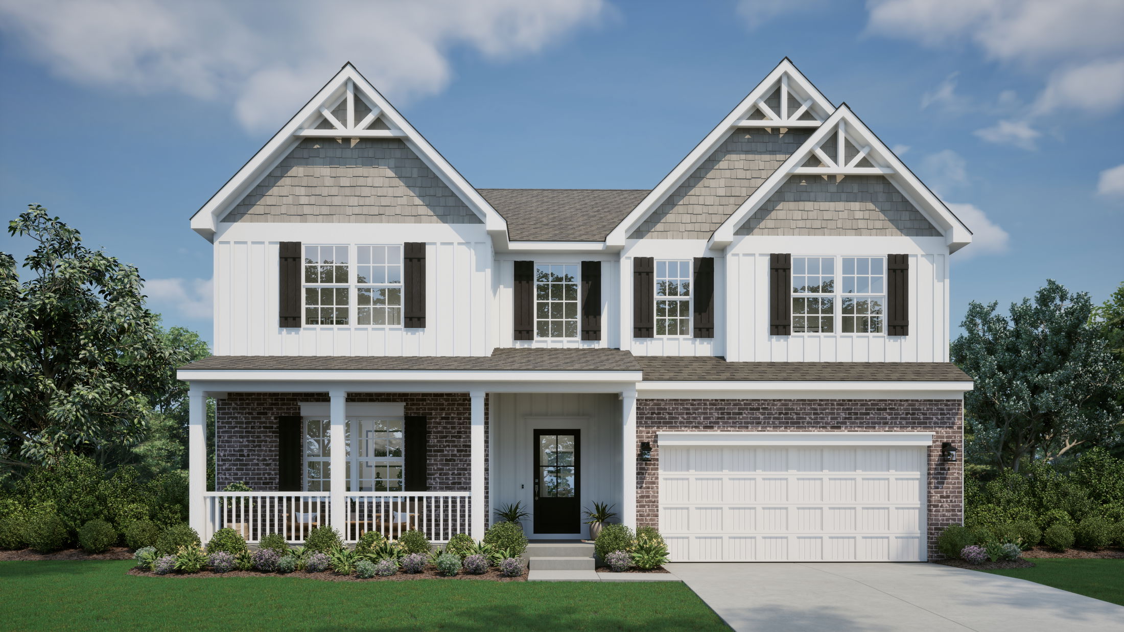 Front view of a modern two-story suburban house with a combination of brick and white siding, featuring a covered porch and attached garage.