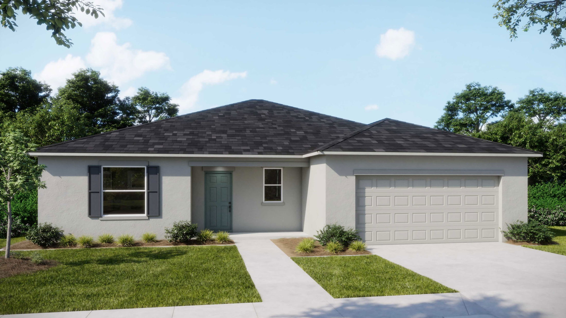 Modern single-story home with a gray shingle roof, two-car garage, and well-maintained front yard landscaping.
