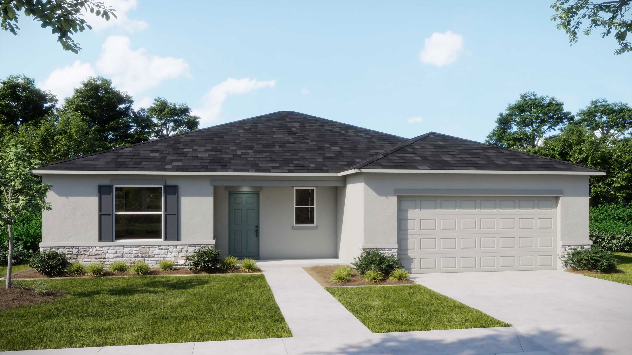 Modern single-story house with dark roof, two-car garage, and well-maintained lawn.