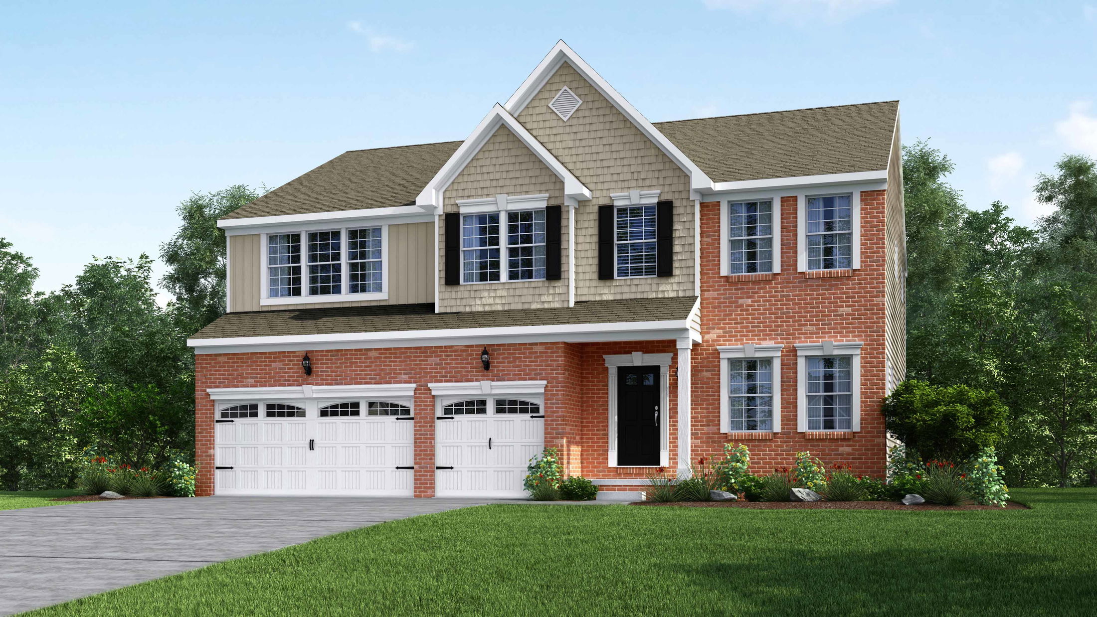 Two-story suburban brick house with a three-car garage and a well-maintained lawn.