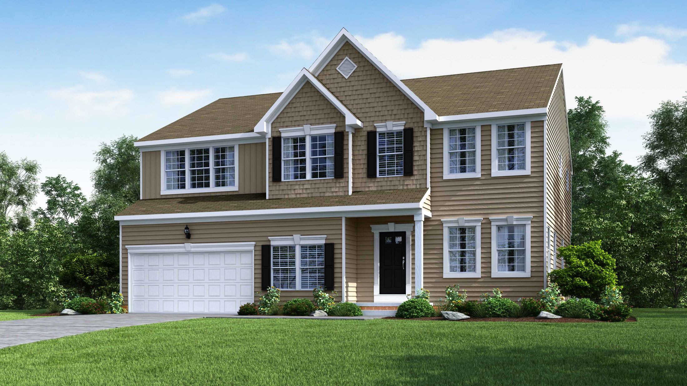 Two-story suburban house with tan siding, white trim, green lawn, and a two-car garage.