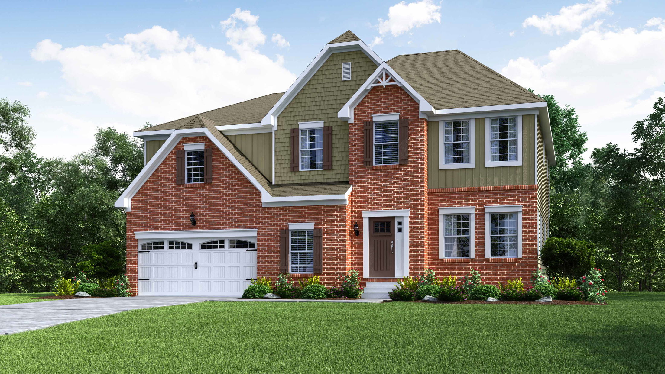 Modern two-story brick house with green siding and white garage, surrounded by a well-kept lawn and gardens under a blue sky.
