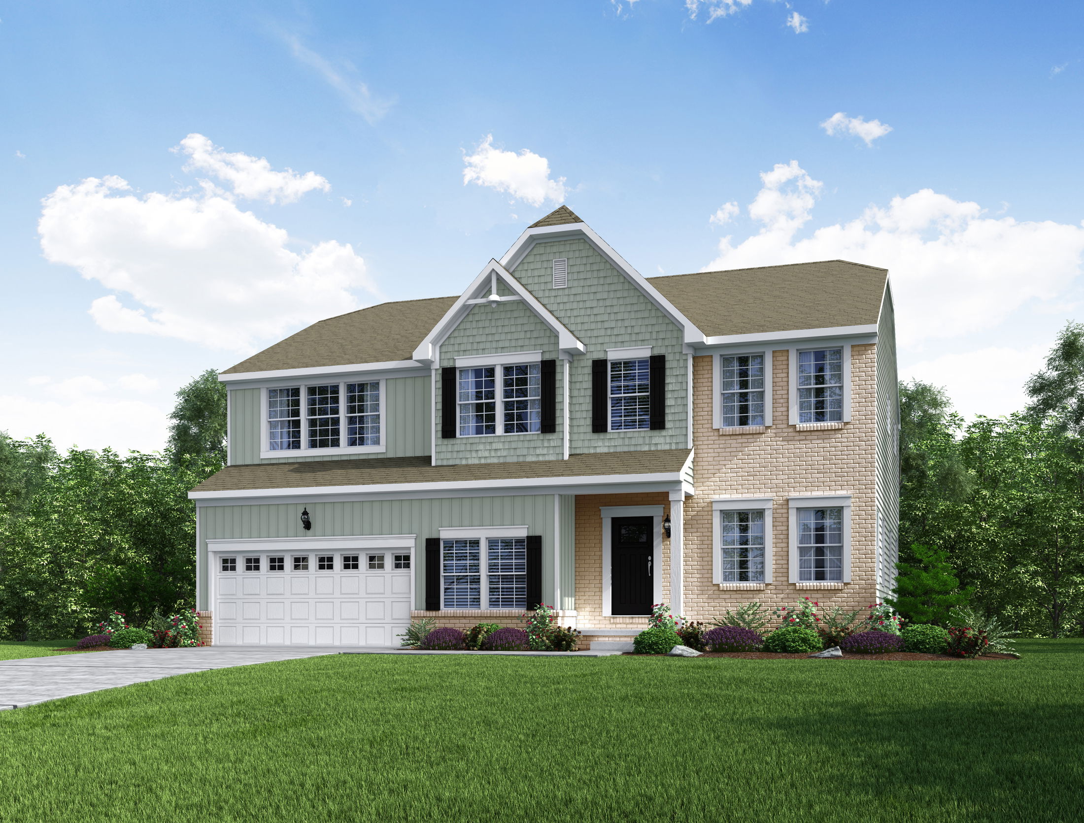 Beautiful two-story suburban home with a well-maintained lawn, garage, and charming mixed siding facade under a clear blue sky.