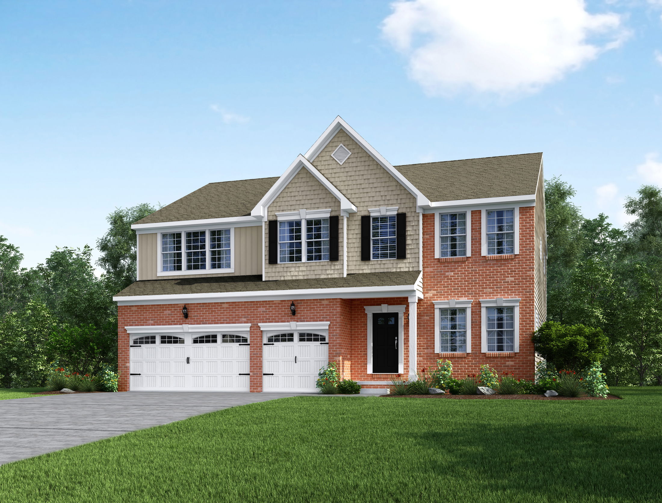 Two-story brick house with a three-car garage and well-maintained lawn under a clear blue sky.