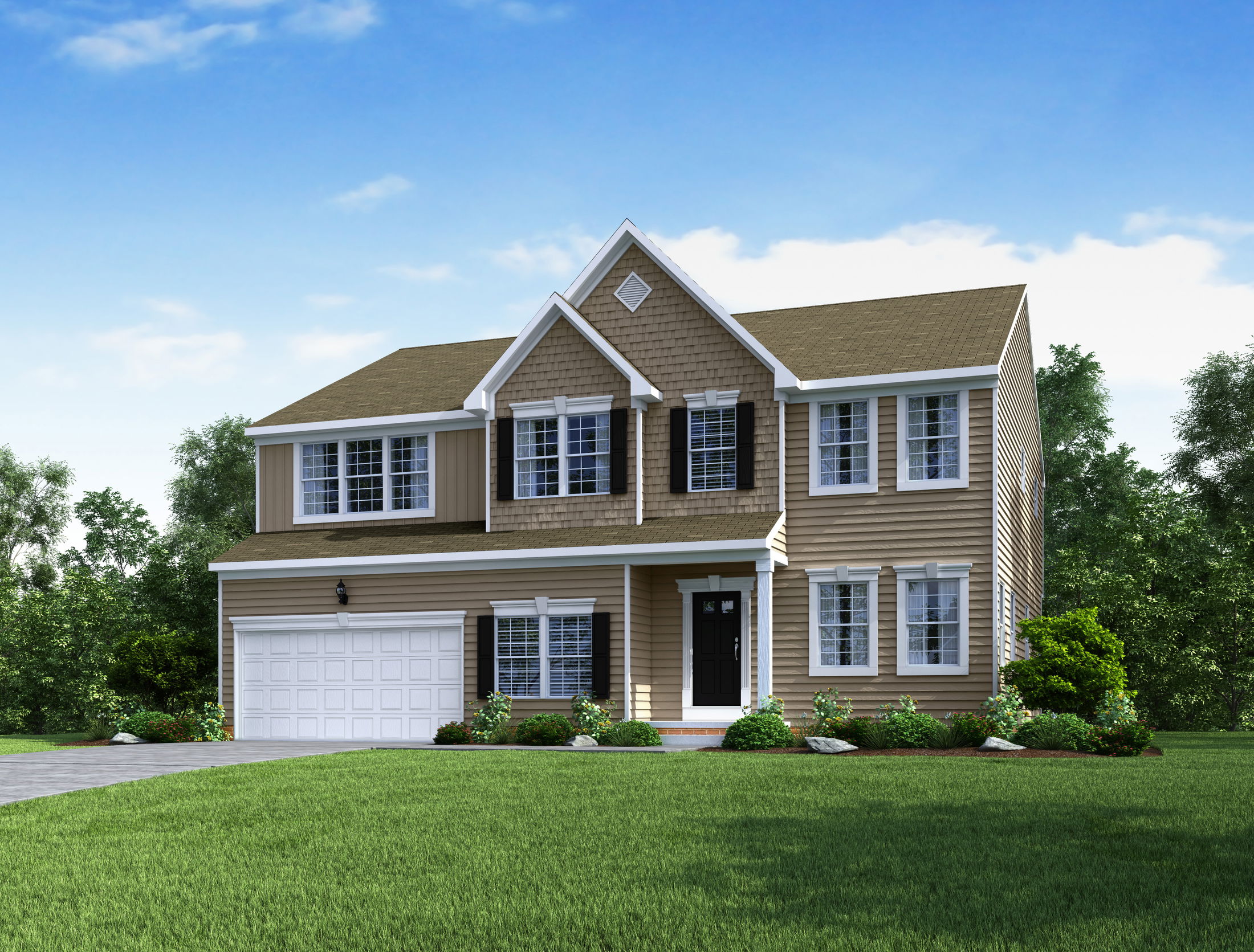 A two-story suburban home with tan siding, white trim, and a double garage, set against a clear blue sky and surrounded by green lawn and trees.