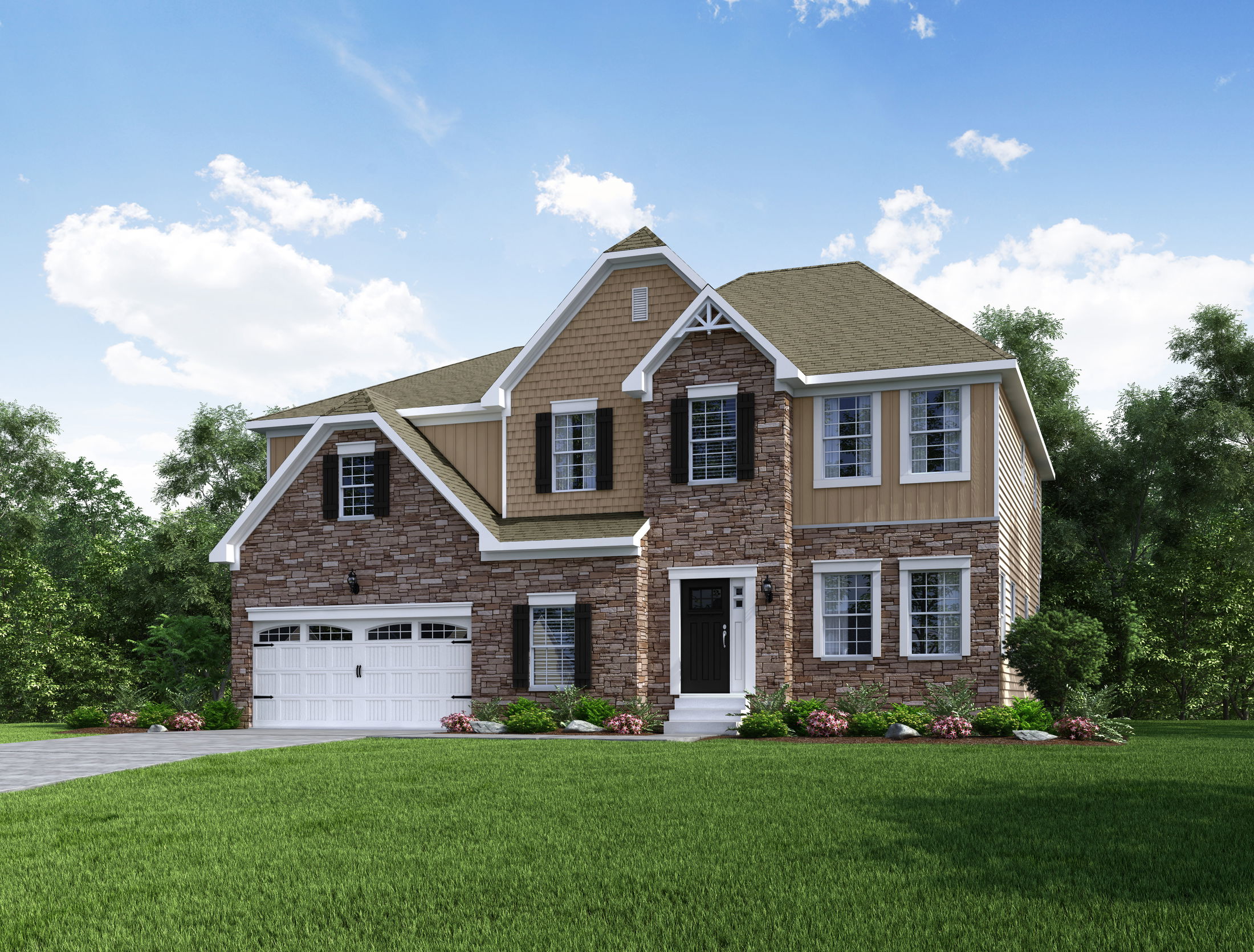 Beautiful two-story suburban house with stone and siding exterior, featuring a well-maintained lawn and a double garage under a clear blue sky.