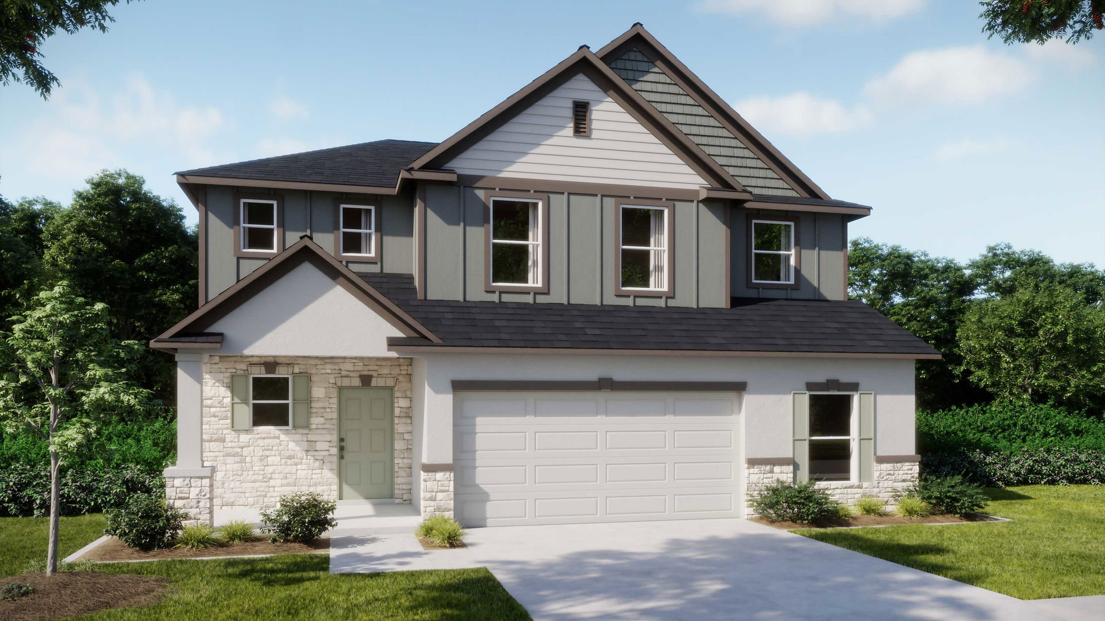 Modern two-story suburban house with stone and wood siding, a lush green lawn, and surrounding trees.
