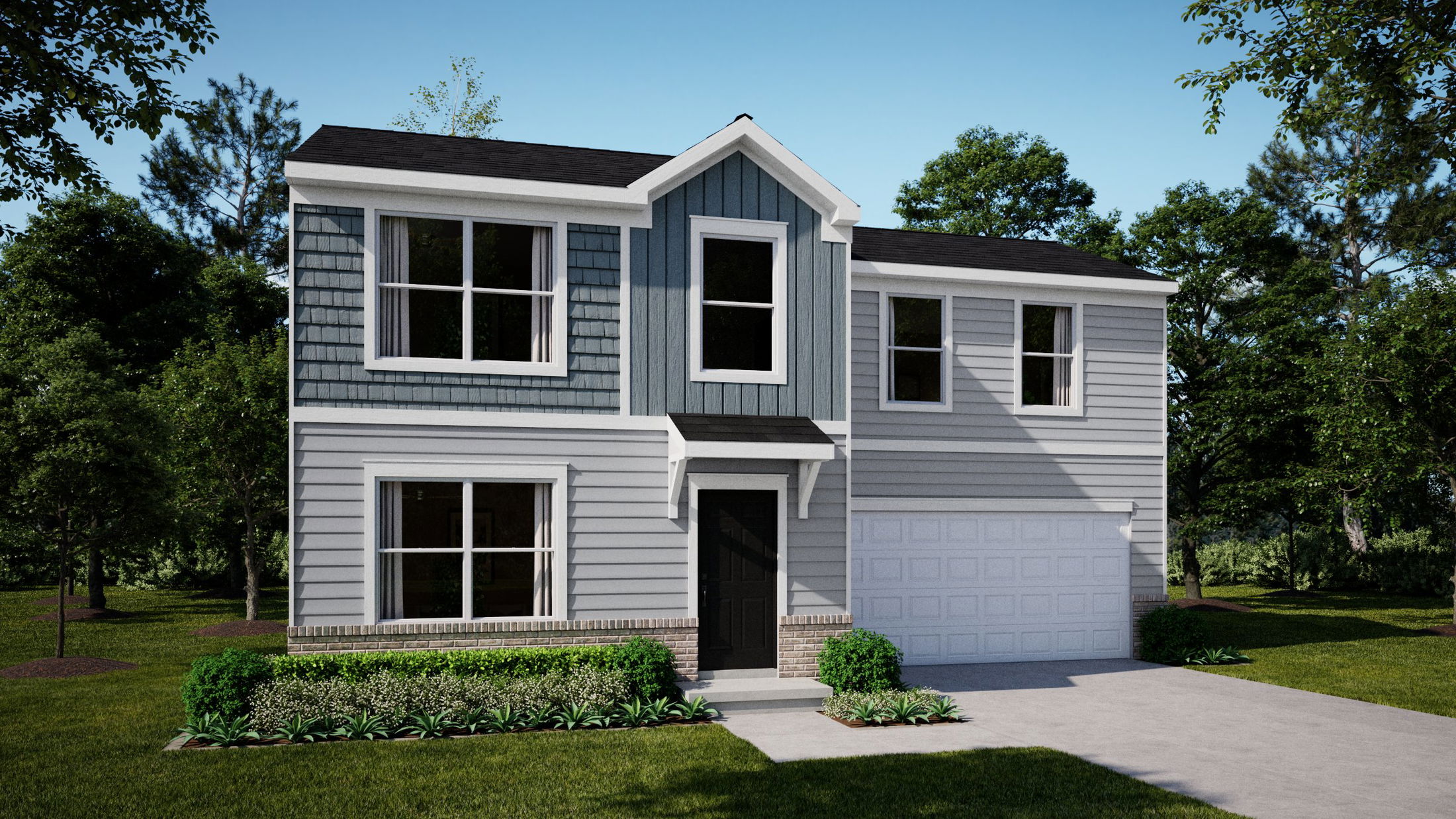 Two-story modern suburban home with blue and gray siding, surrounded by lush greenery and a clear sky.