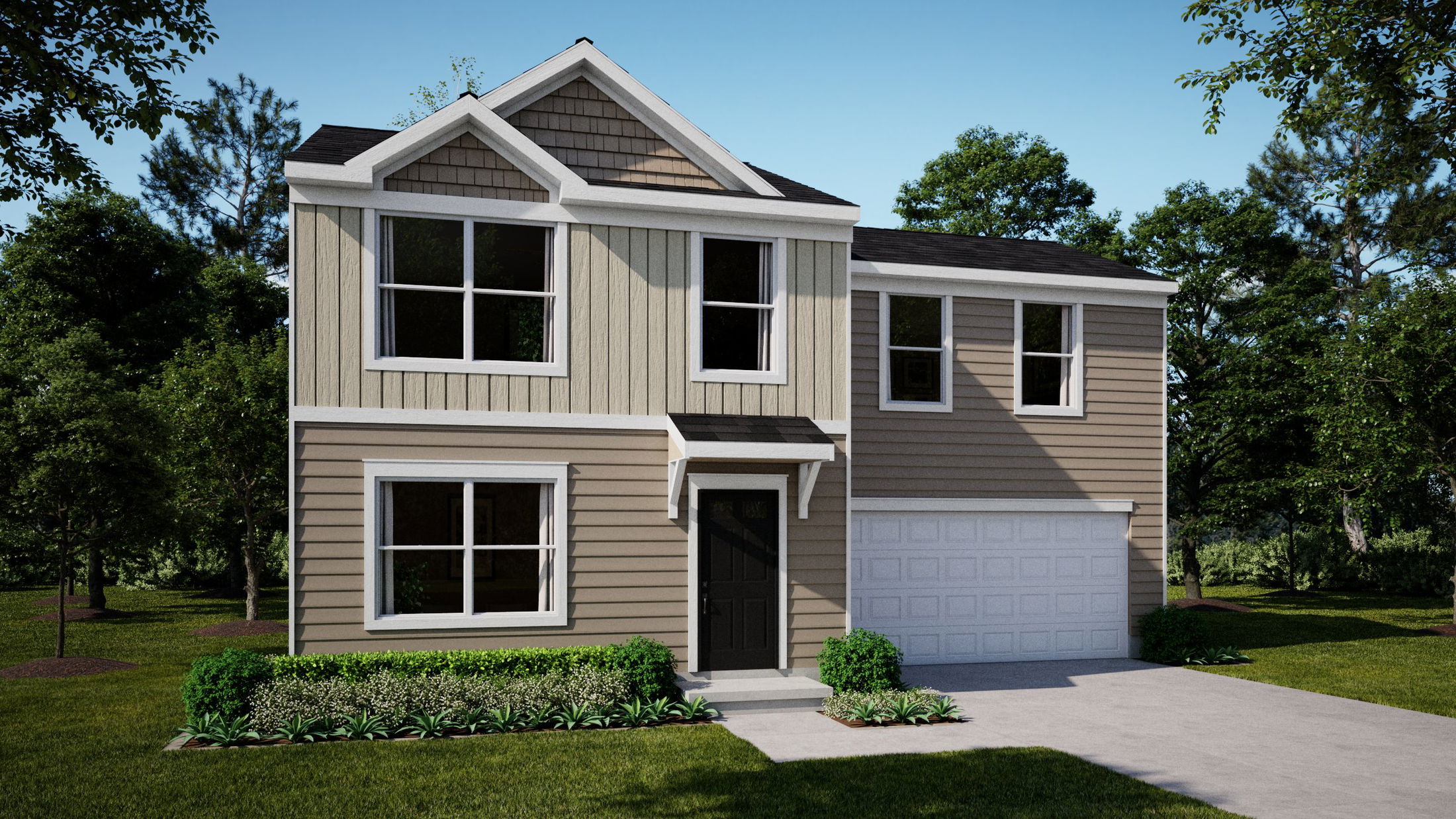 Modern two-story beige and tan house with a garage, surrounded by a well-maintained lawn and trees.