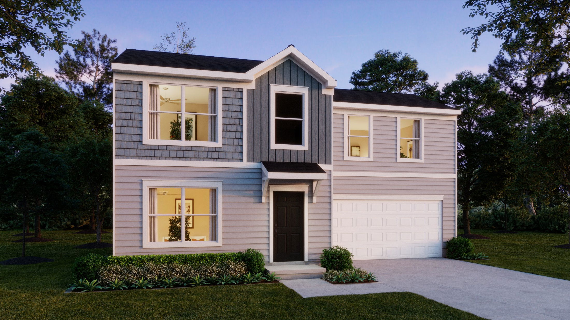 Modern two-story house with gray siding, large windows, and a white garage, set amidst a landscaped yard at dusk.
