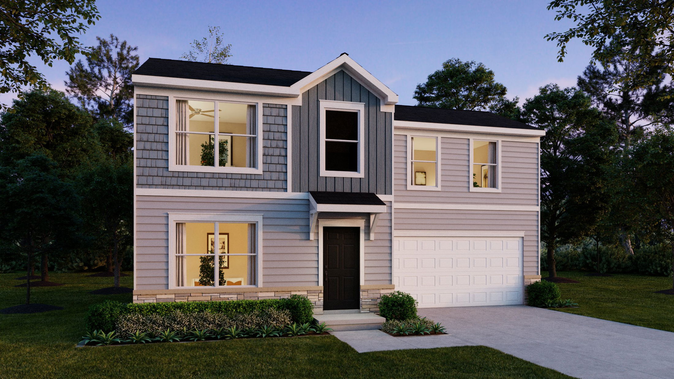 Two-story suburban house with a modern exterior design featuring a shingled facade, large windows, and a two-car garage, surrounded by landscaped greenery at twilight.