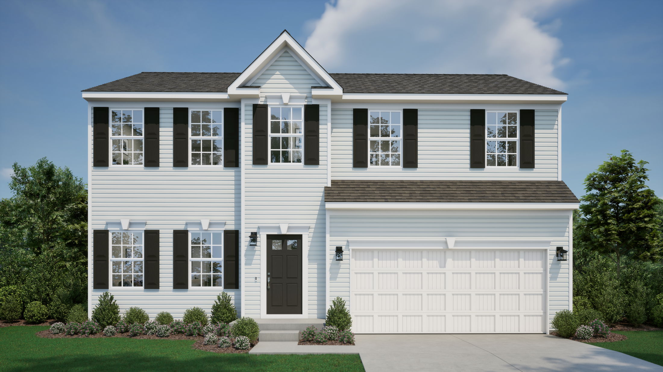 Two-story, modern suburban house with white siding, black shutters, and a two-car garage.
