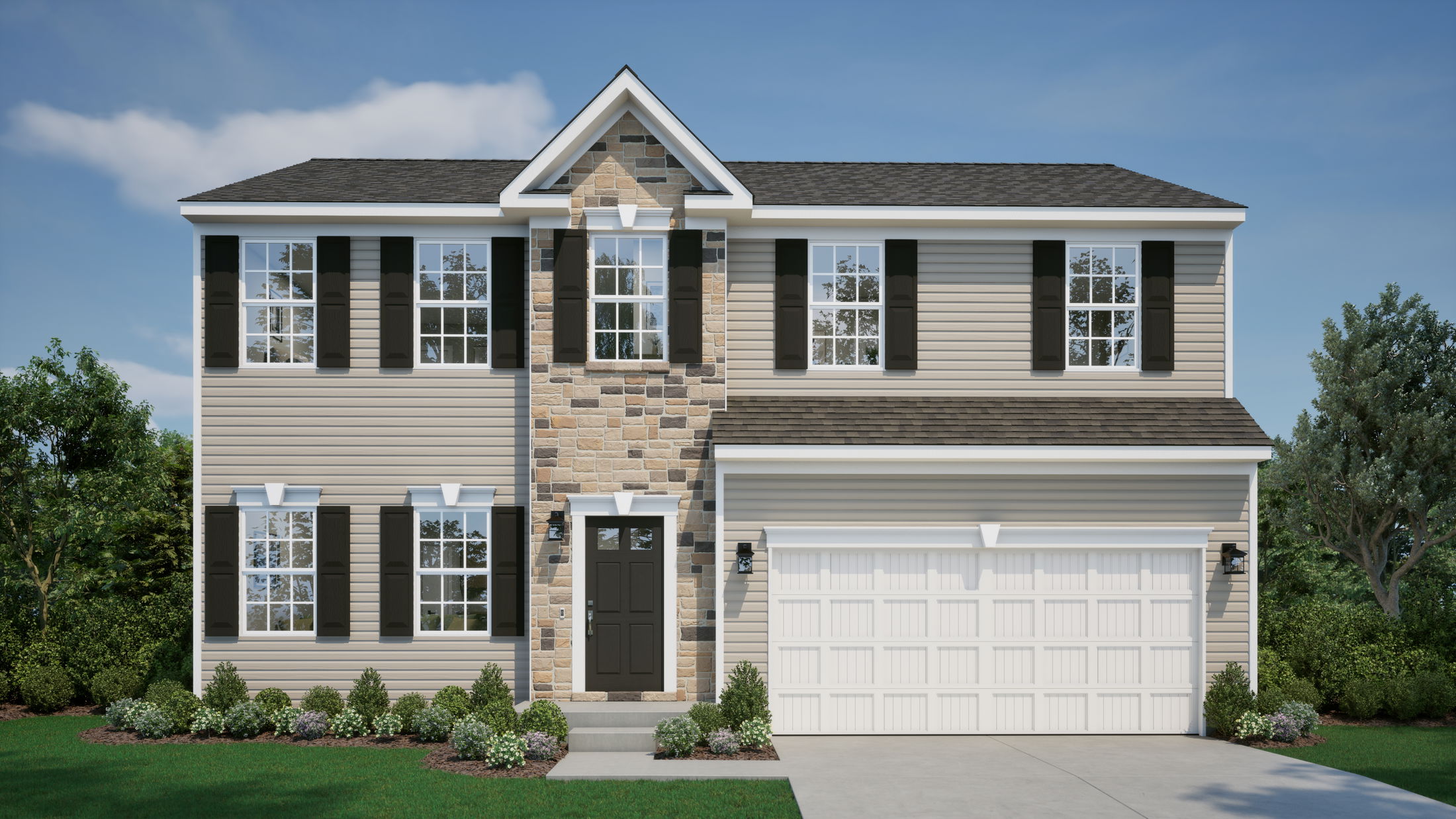Two-story suburban house with stone and siding exterior, black shutters, and a double garage, surrounded by neatly landscaped greenery.