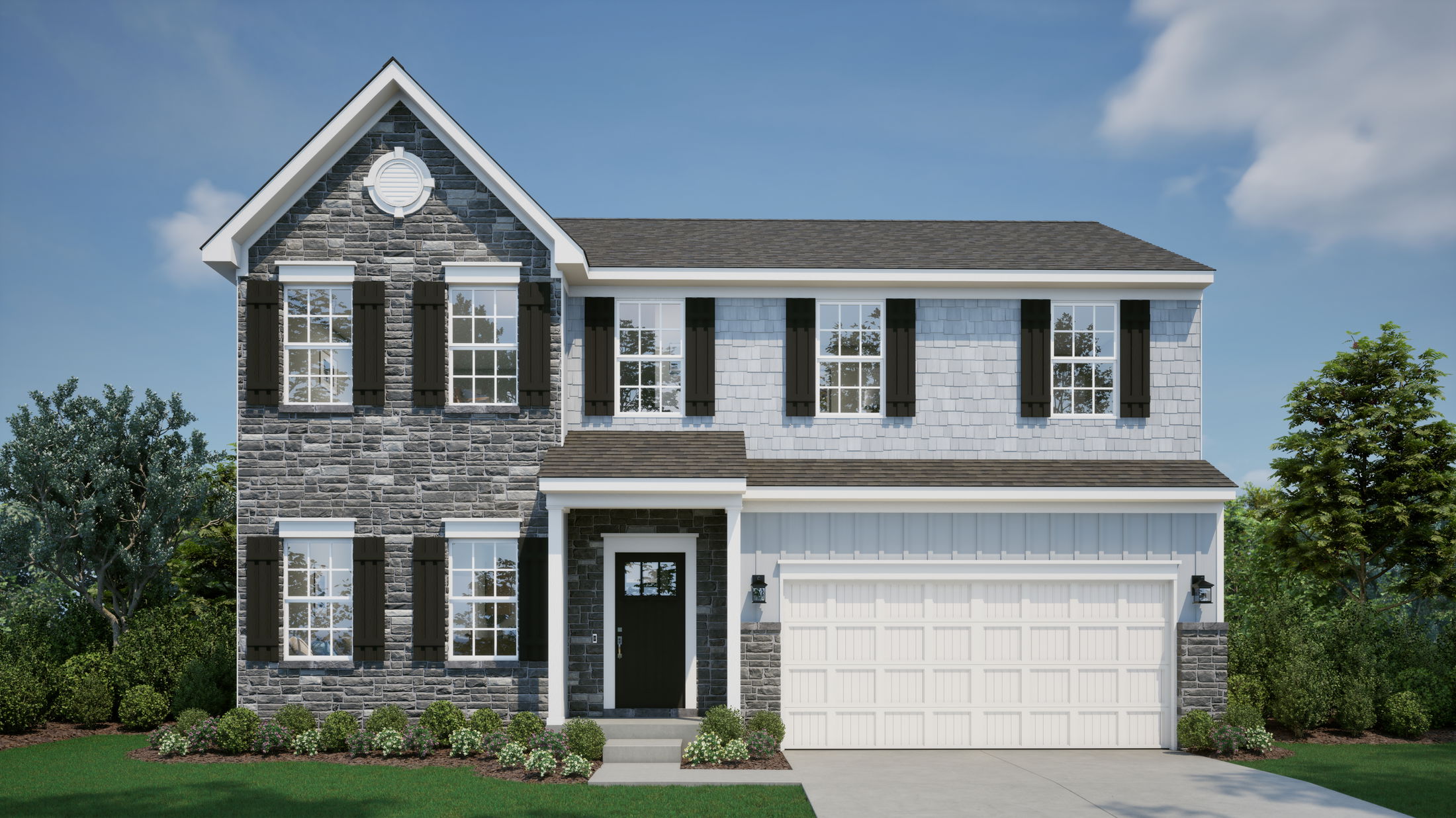 Two-story suburban home with stone facade, black shutters, and attached garage surrounded by a well-manicured lawn and trees.
