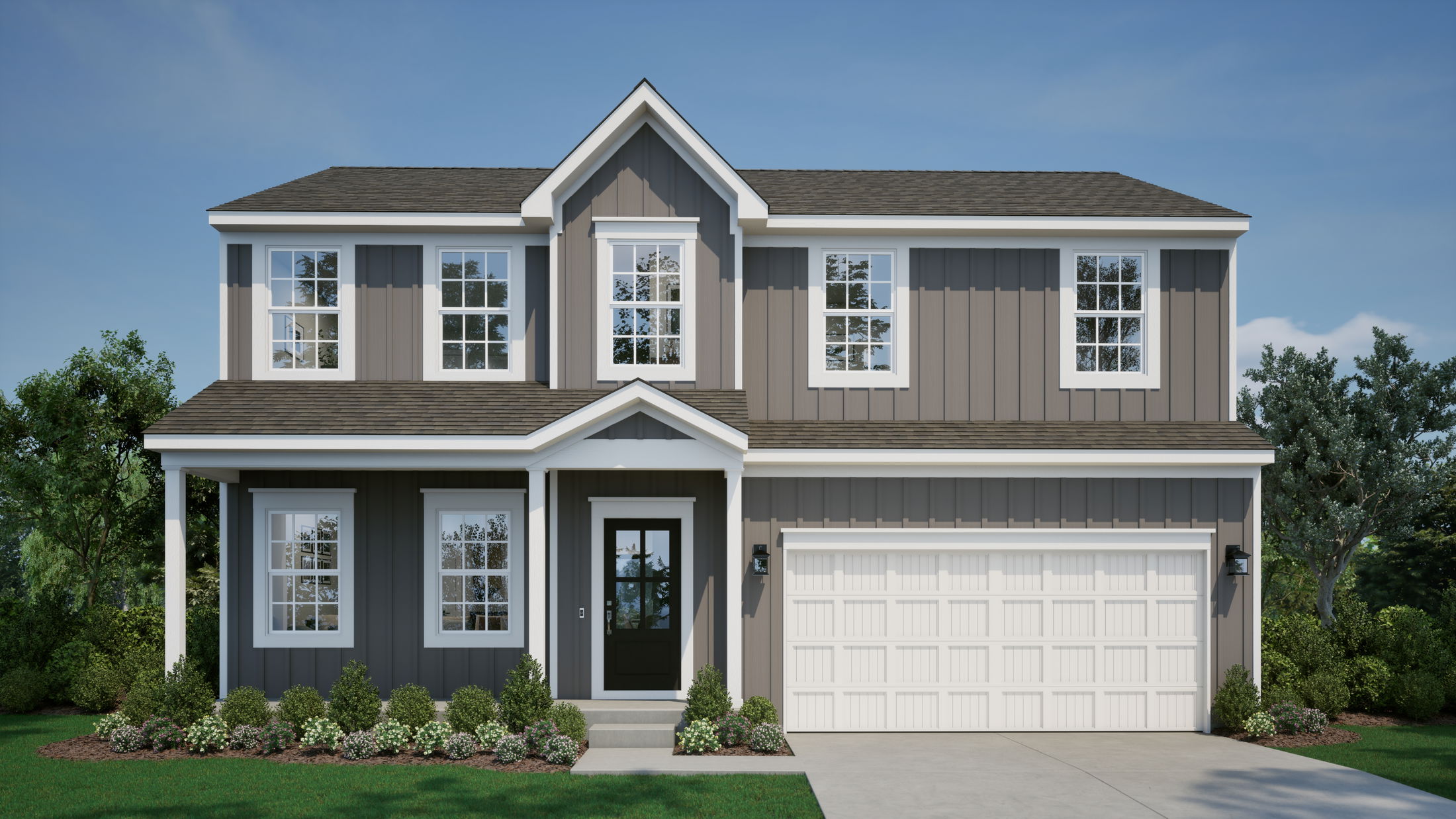 Modern two-story grey house with white trim, featuring a lush green lawn and attached garage.