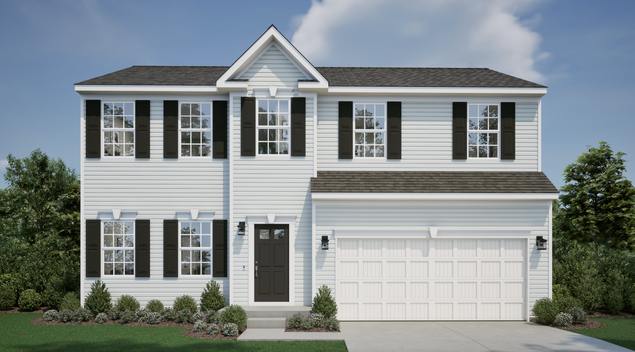 Two-story suburban house with white siding, black shutters, and a two-car garage.