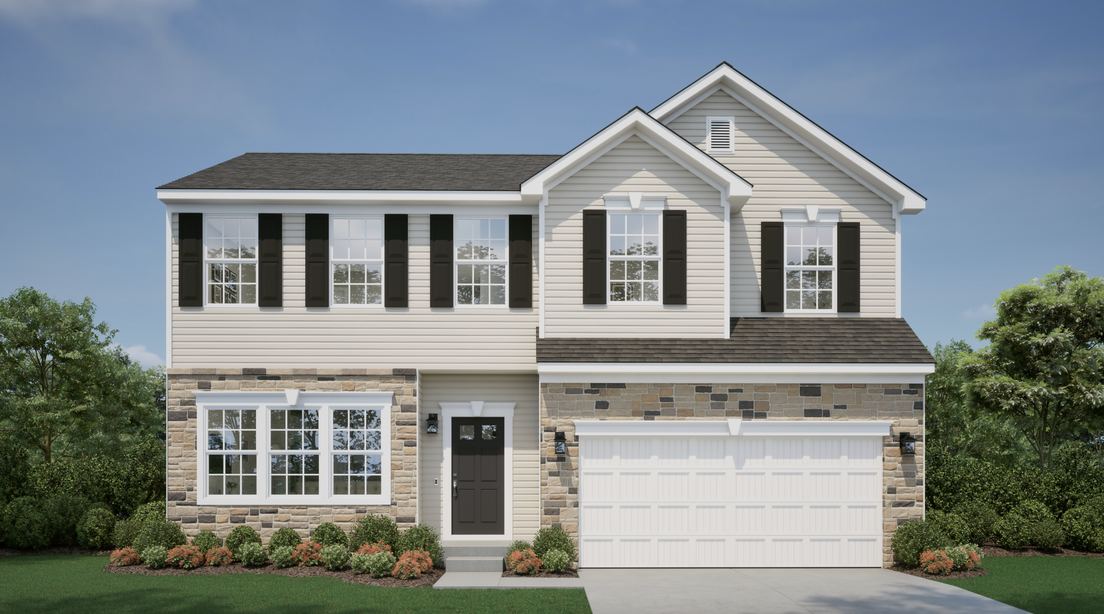 Front view of a modern two-story suburban house with stone and siding exterior, featuring multiple windows, a garage, and well-maintained landscaping.